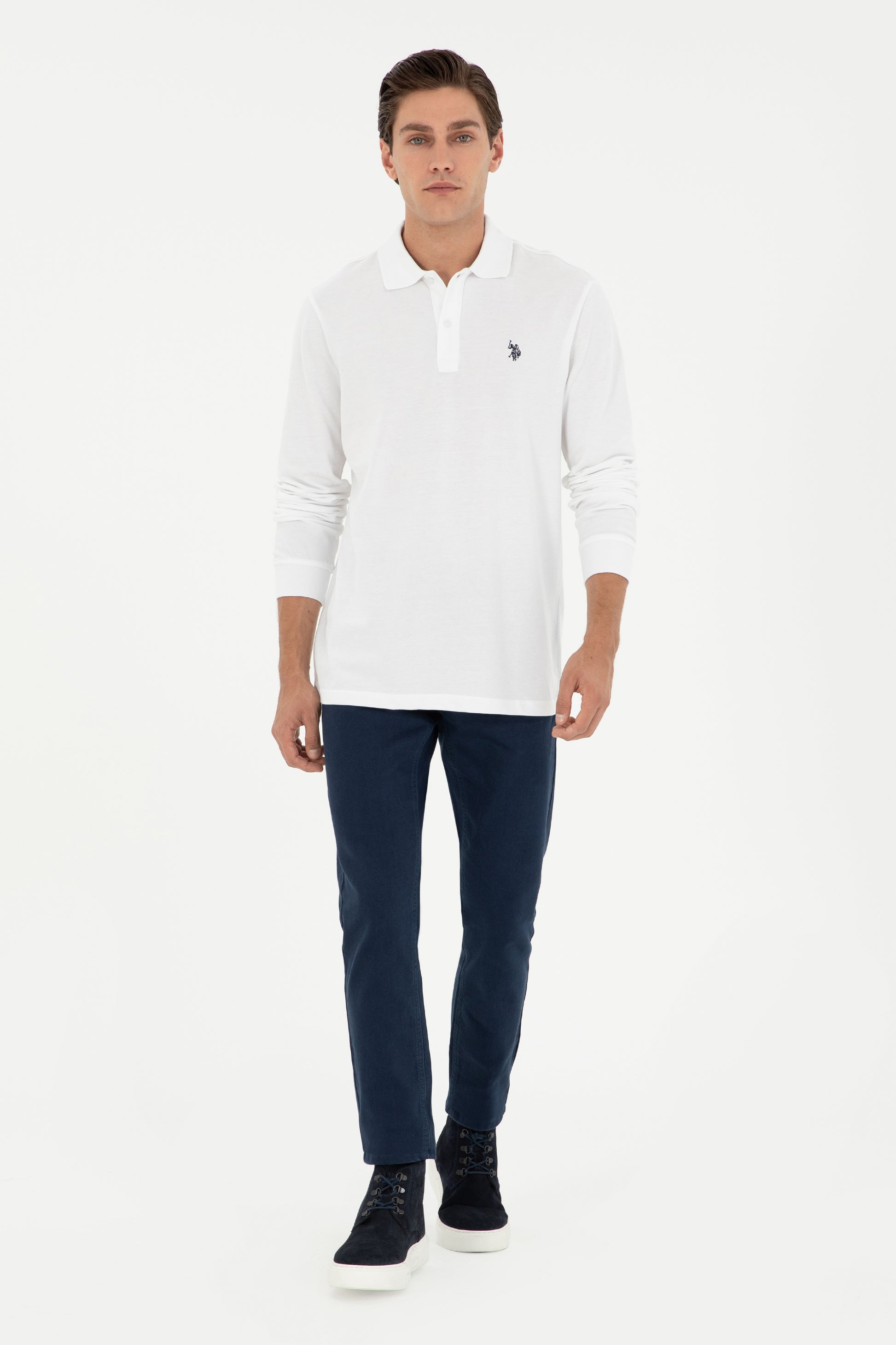 Men's Regular Fit Polo Neck White Basic Sweatshirt