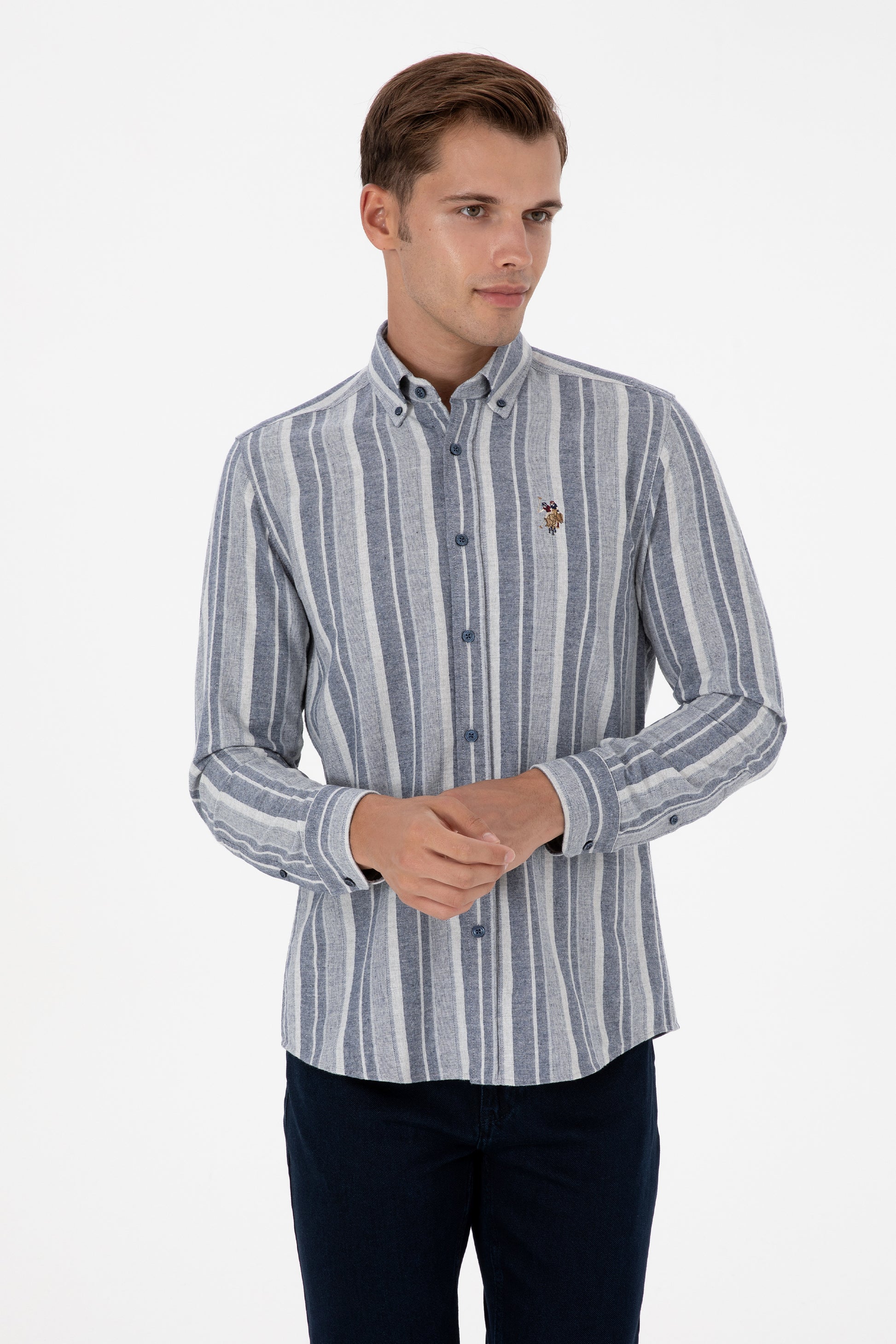 Men's Navy Blue Long Sleeve Striped Shirt