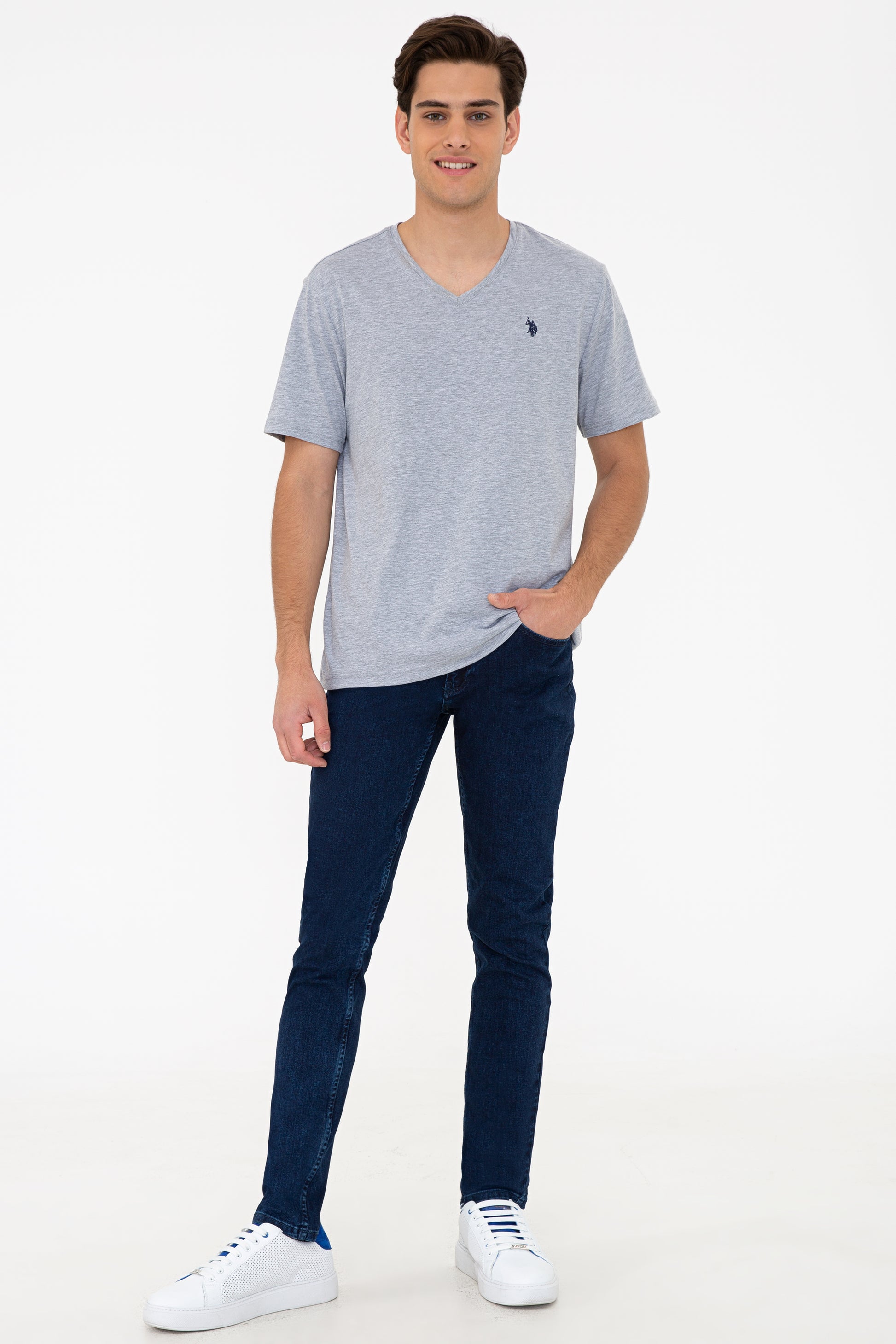 Men's Grey Melange Basic V Neck T-Shirt
