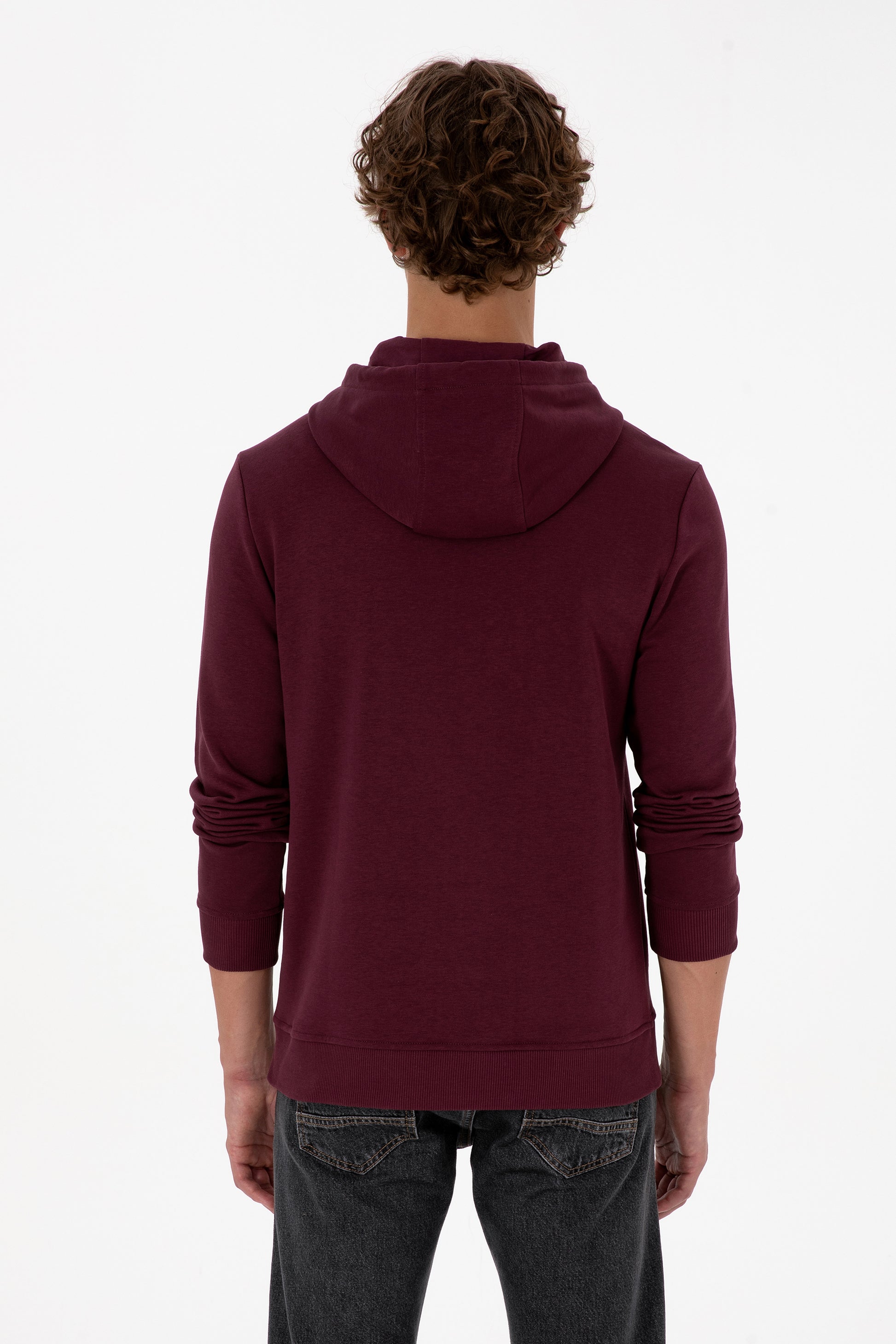 Erkek Regular Fit Kapüşonlu Koyu Bordo Basic Sweatshirt
