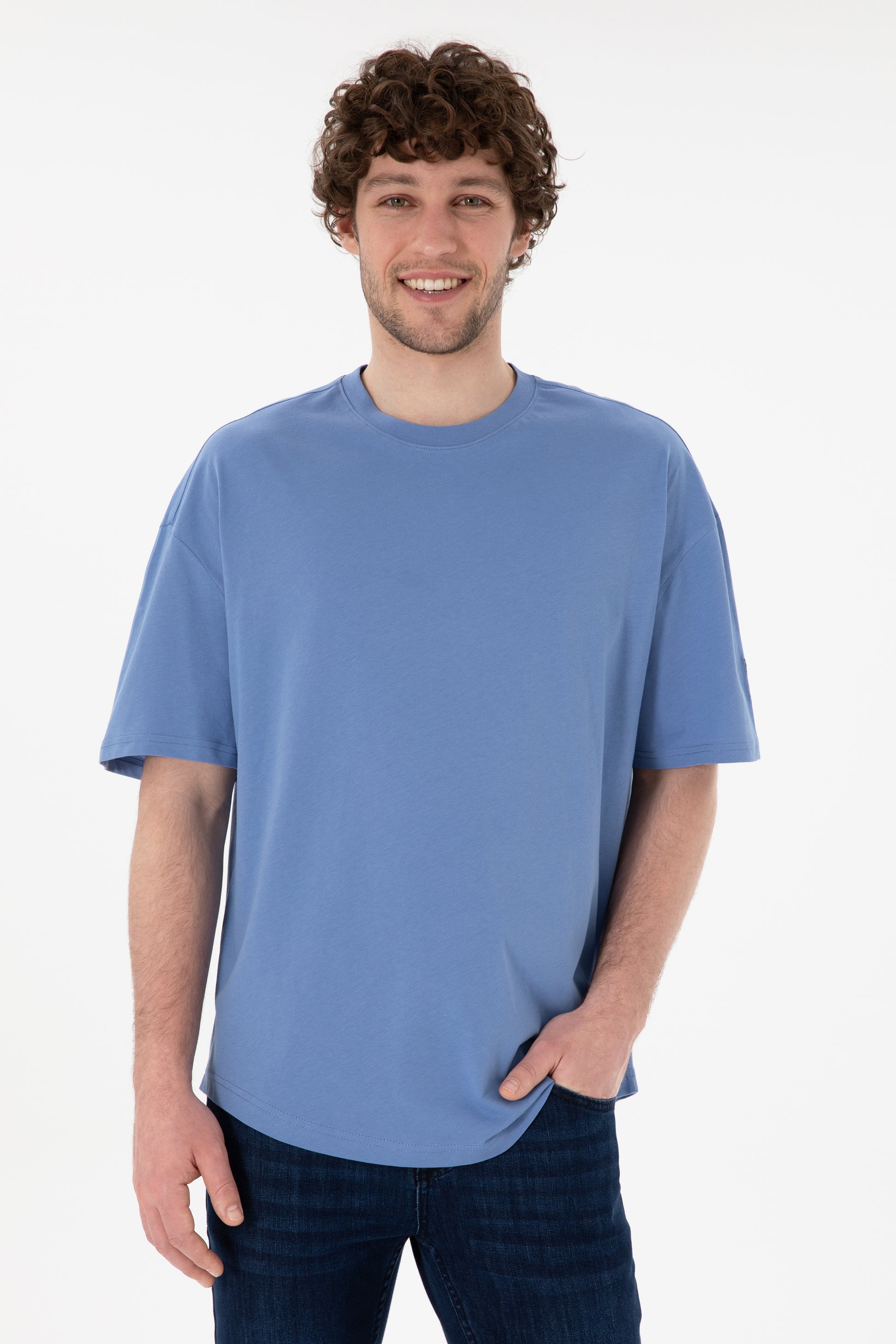 Men's Long Fit Crew Neck Dark Blue Basic T-Shirt