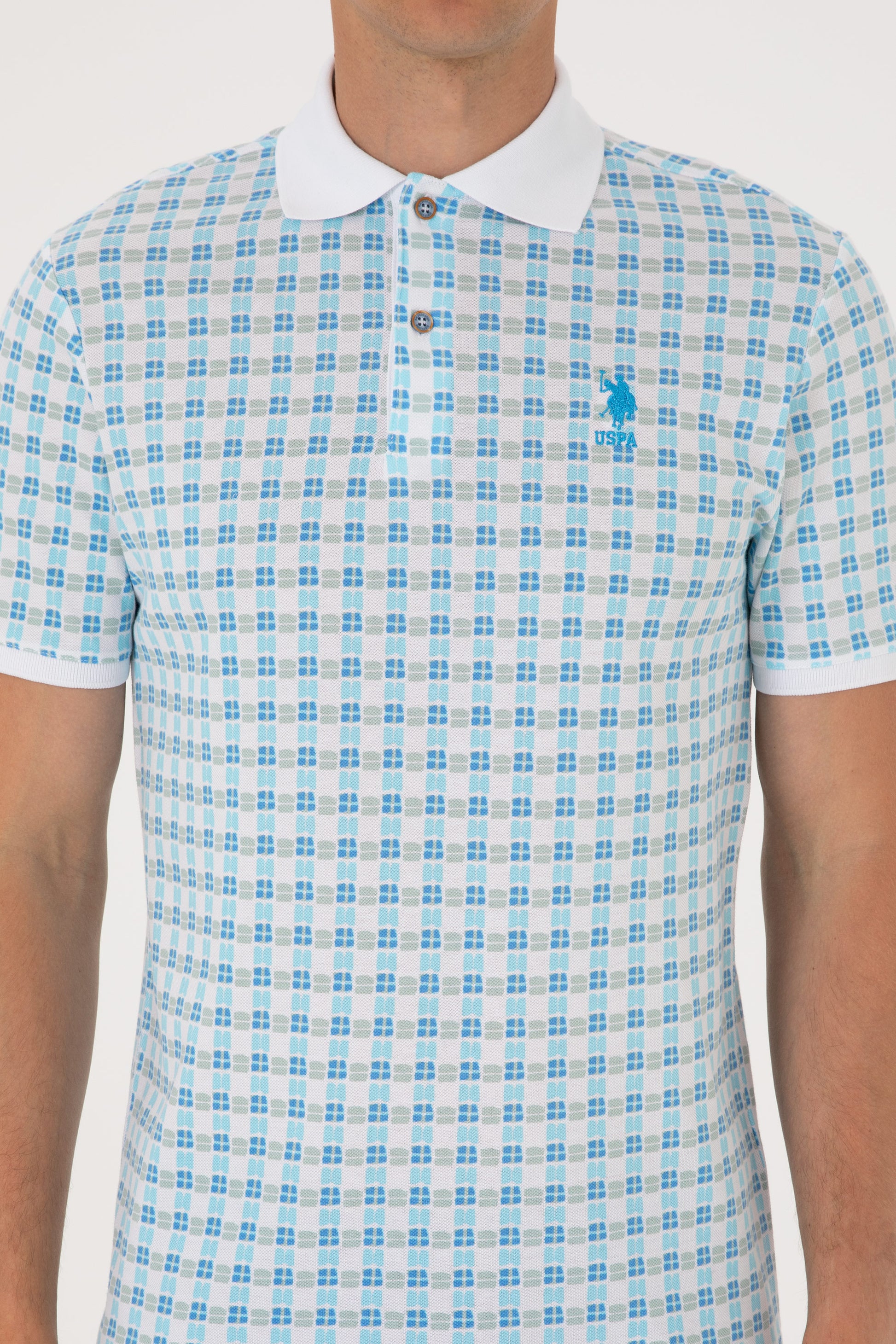 Men's Regular Fit Polo Neck Turquoise Patterned T-Shirt