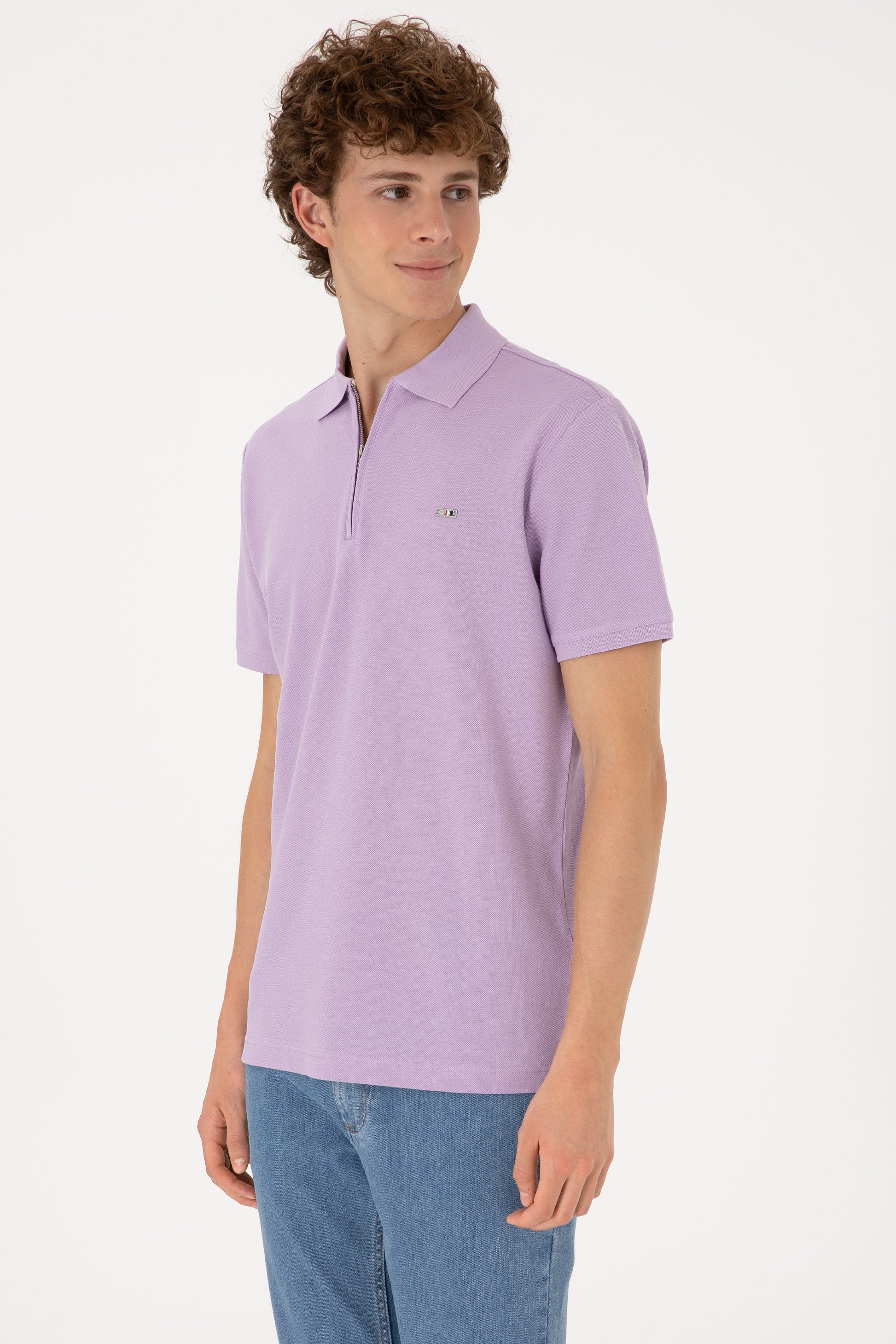 Men's Regular Fit Zipper Lilac T-Shirt