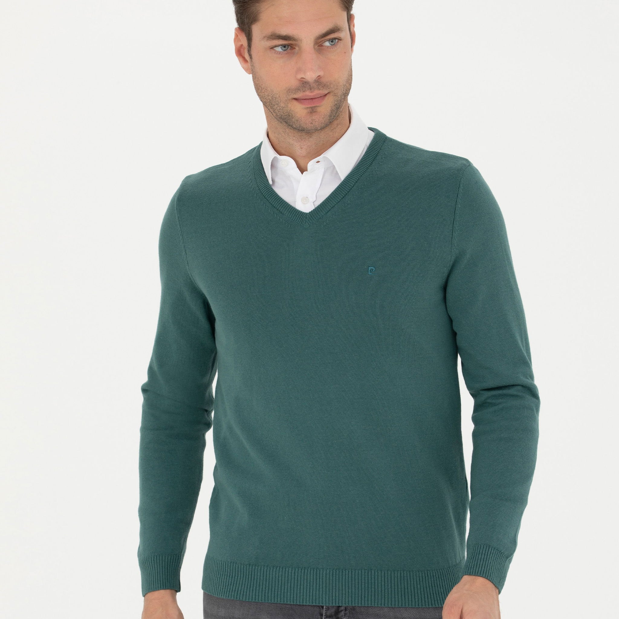 Green Slim Fit V Neck Basic Knitwear Sweater