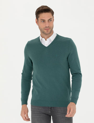 Green Slim Fit V Neck Basic Knitwear Sweater