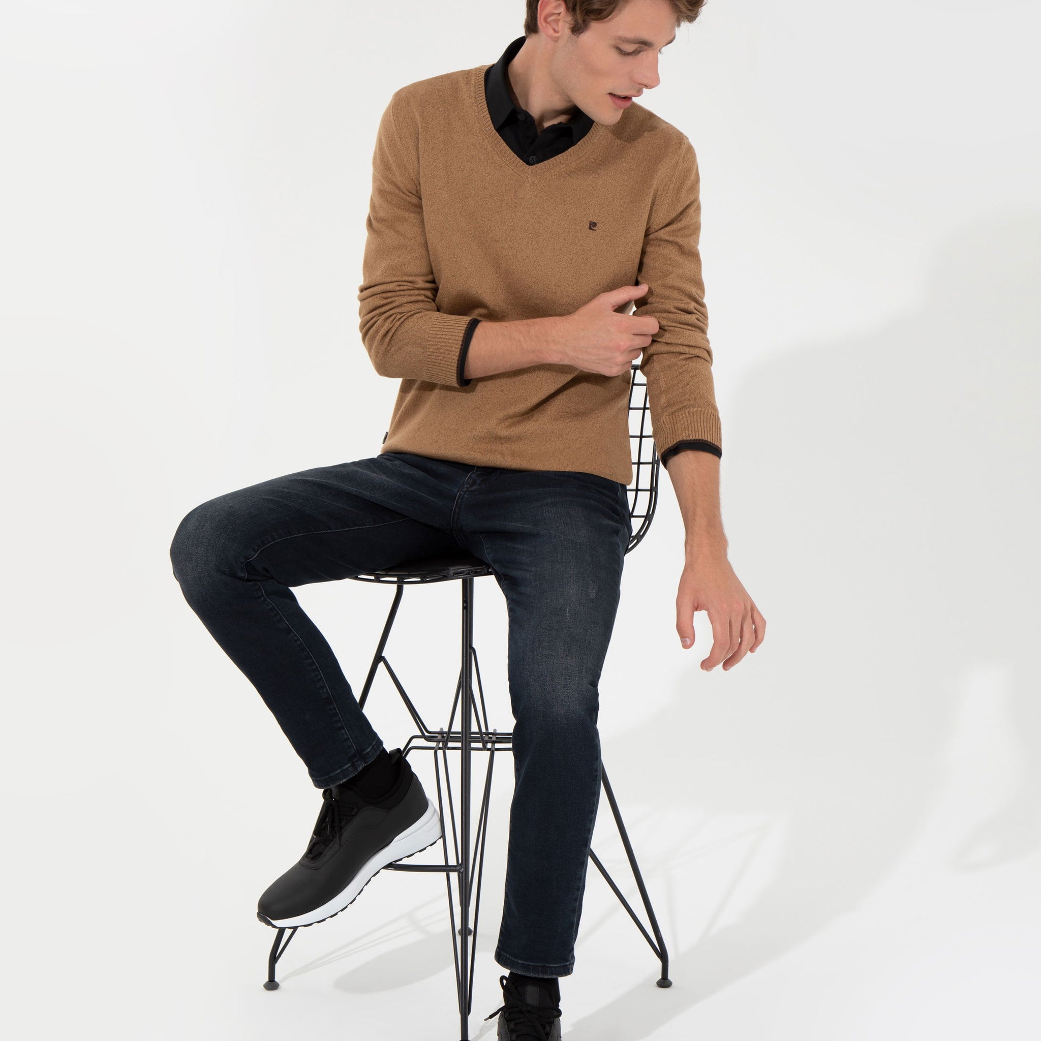 Camel Melange Slim Fit V Neck Basic Knitwear Sweater