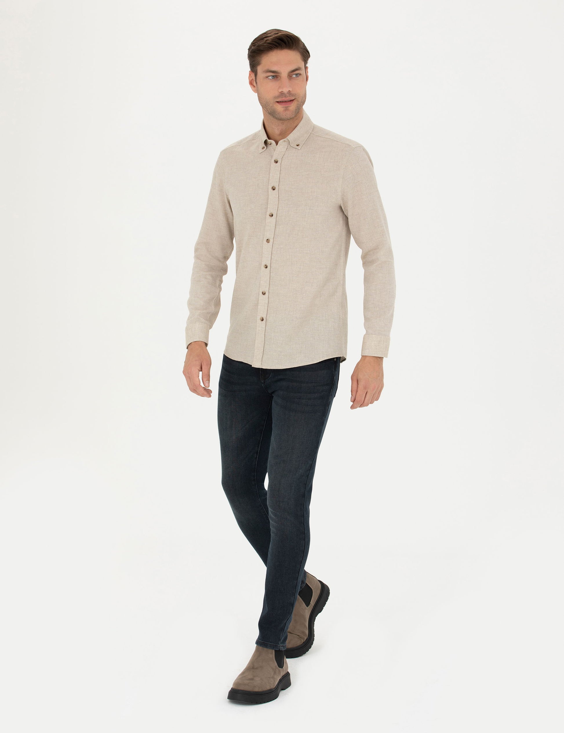 Beige Slim Fit Long Sleeve Shirt