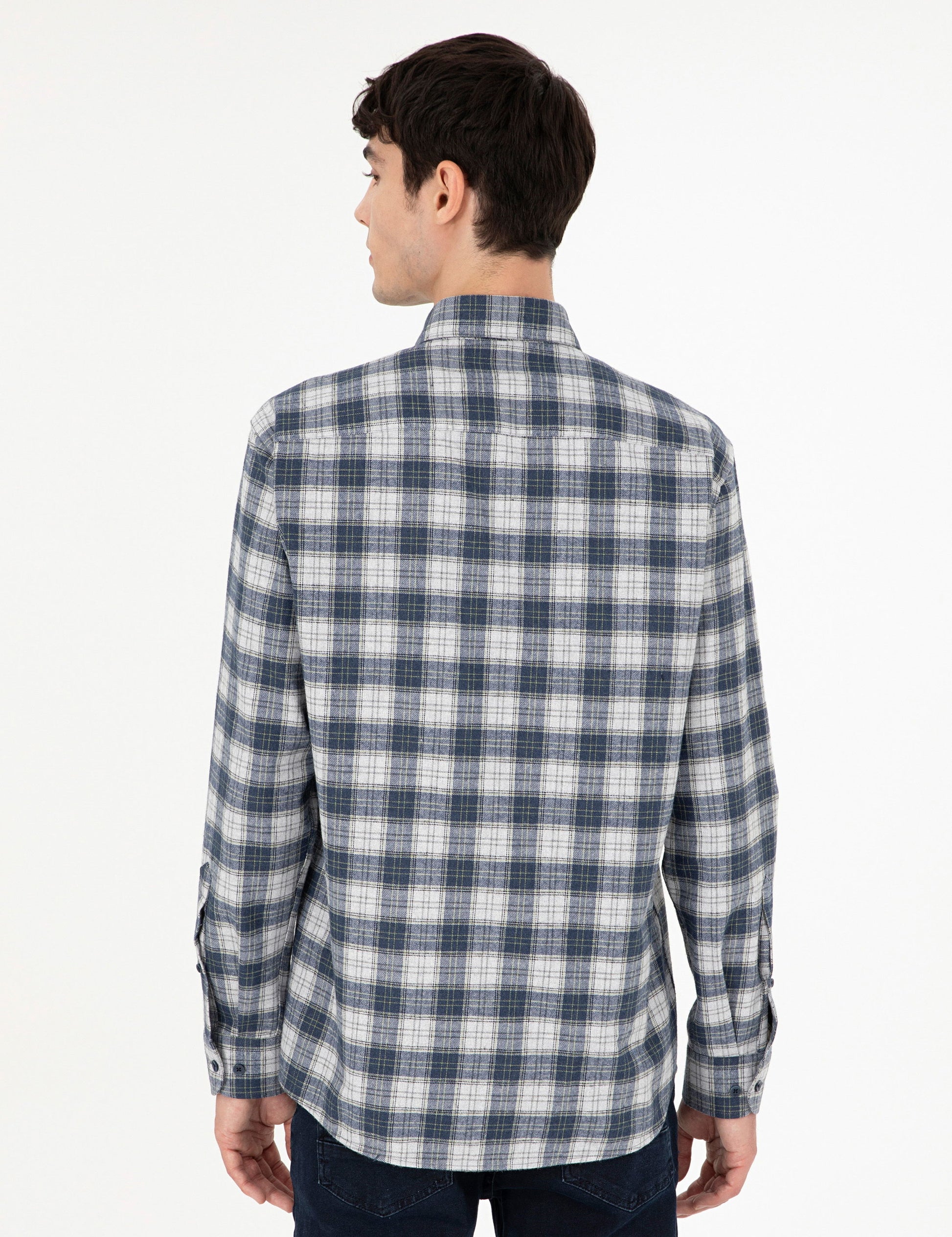 Navy Blue Plaid Regular Fit Long Sleeve Shirt