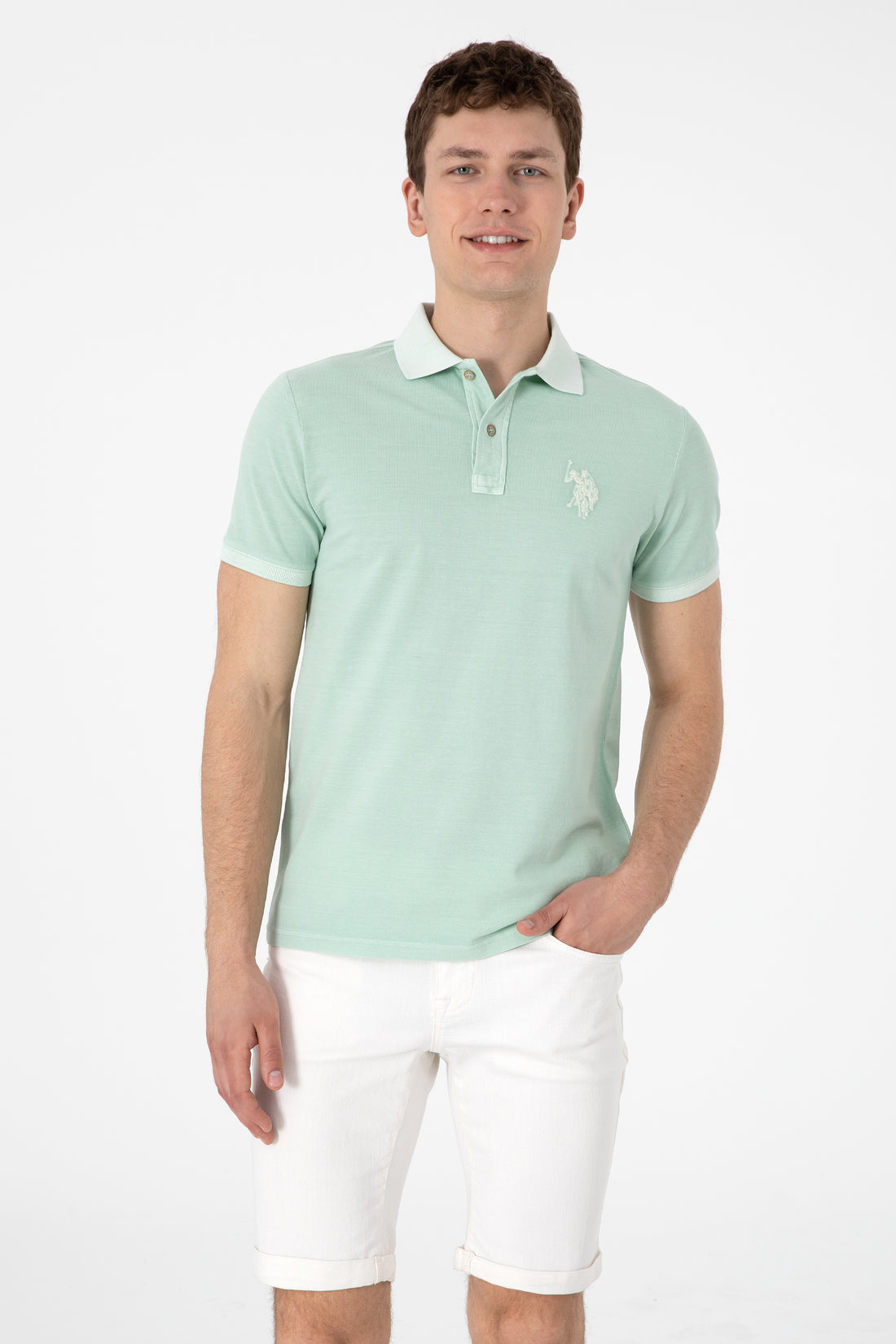 Men's Slim Fit Polo Neck Water Green Wash Basic T-Shirt