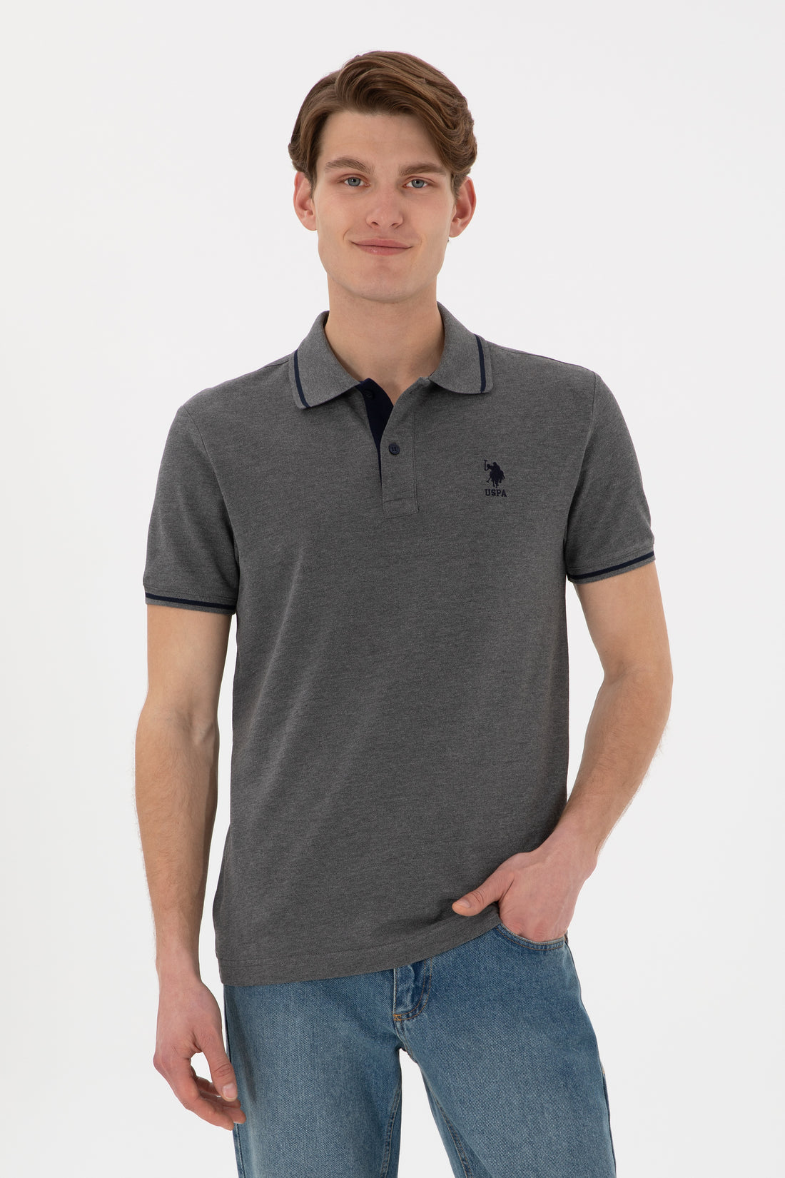 Men's Slim Fit Polo Neck Anthracite Melange Basic T-Shirt