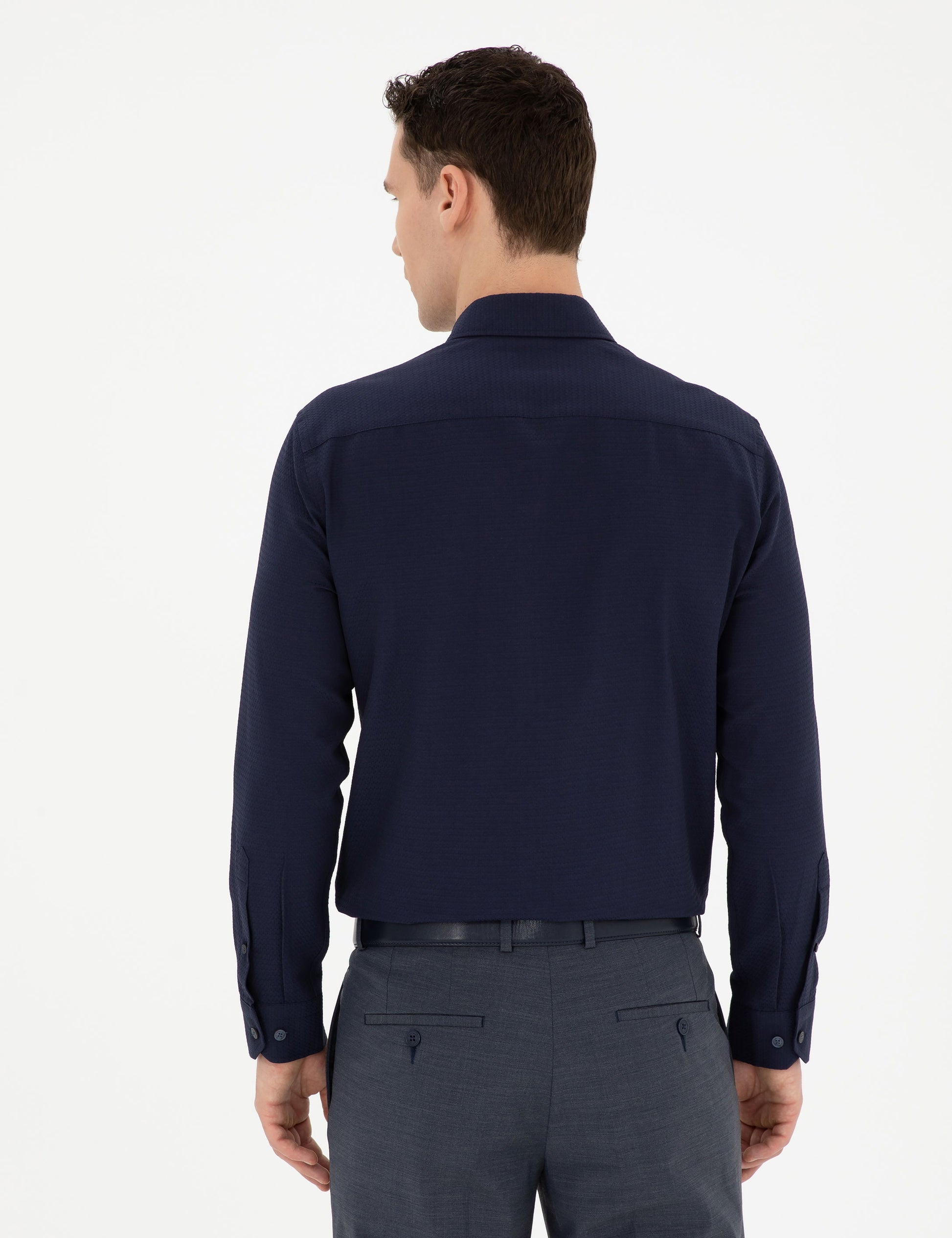 Navy Blue Slim Fit Chunky Long Sleeve Shirt