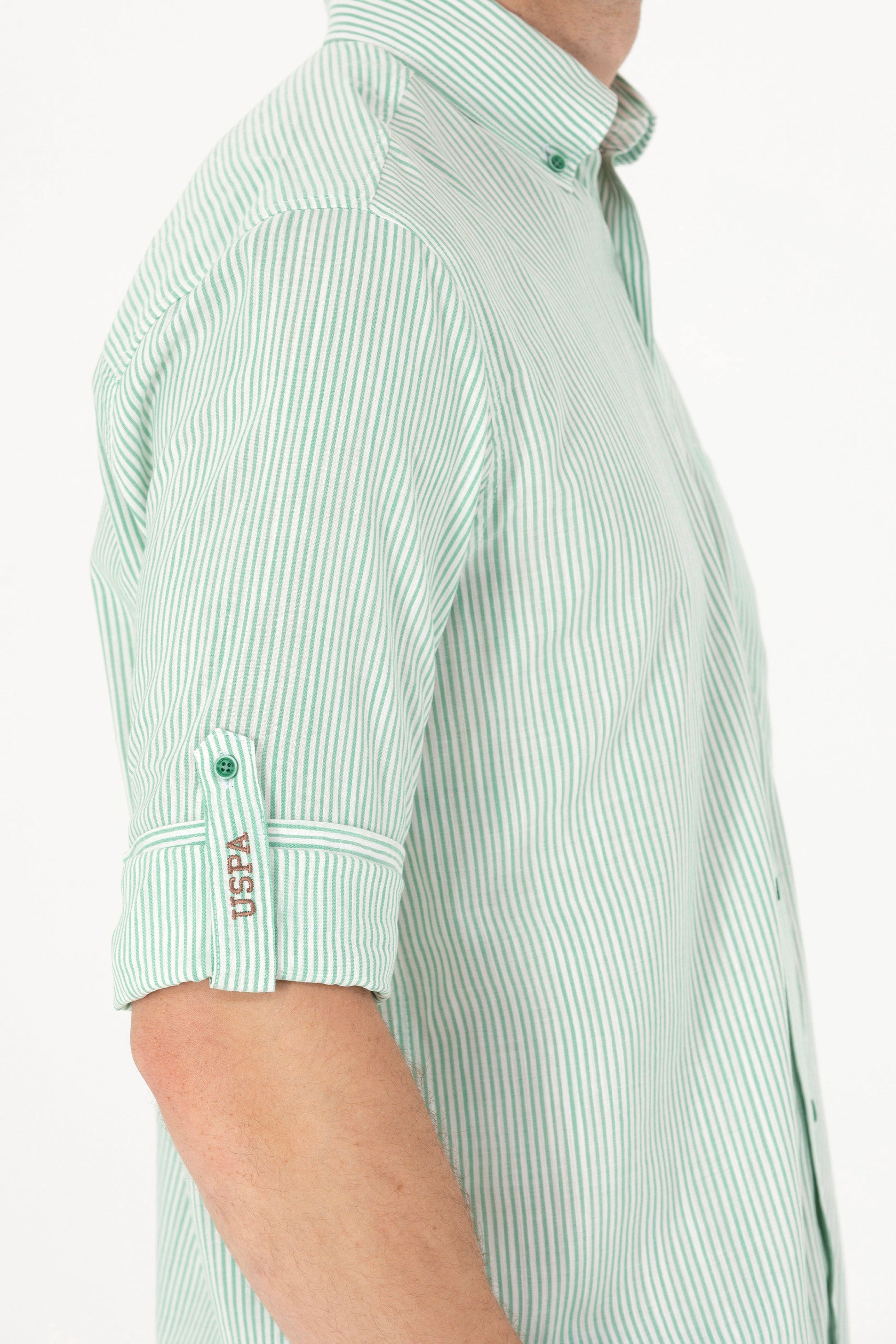 Men's Green Striped White Shirt