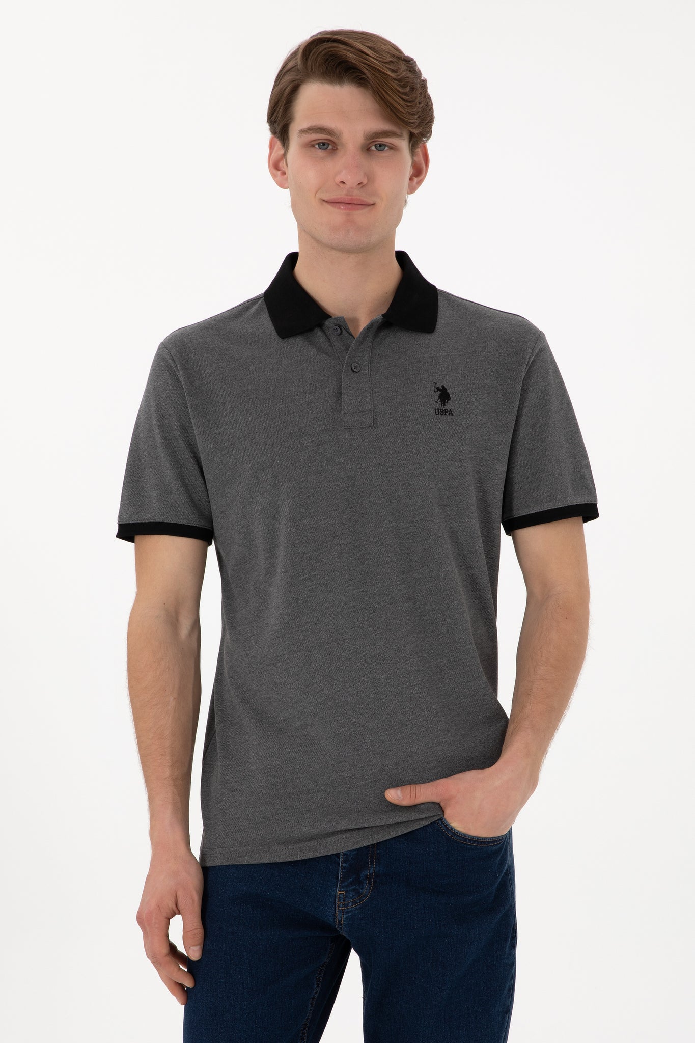 Men's Regular Fit Polo Neck Anthracite Melange Basic T-Shirt