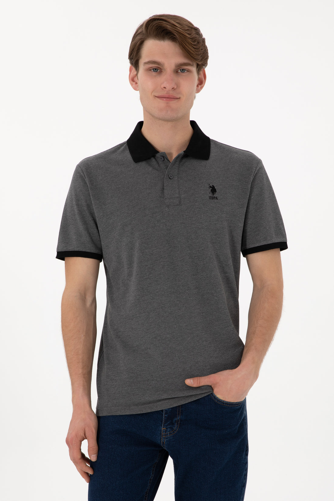 Men's Regular Fit Polo Neck Anthracite Melange Basic T-Shirt