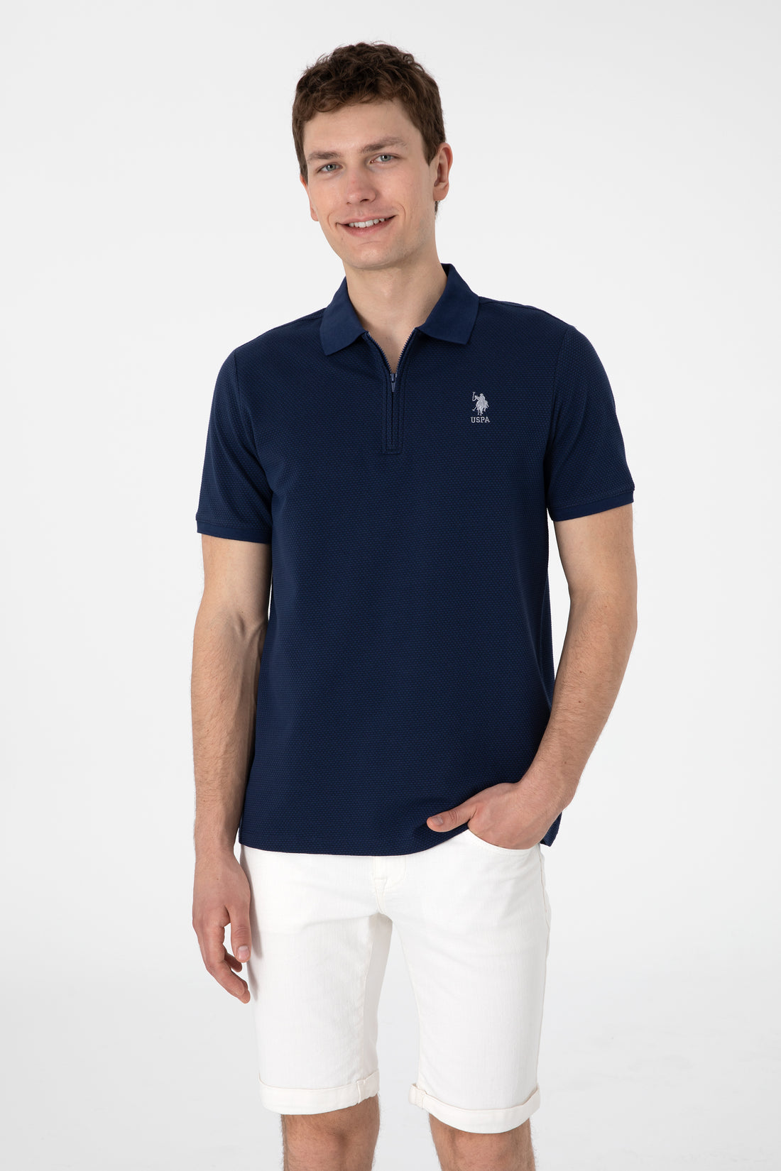 Men's Regular Fit Zipper Navy Textured T-Shirt