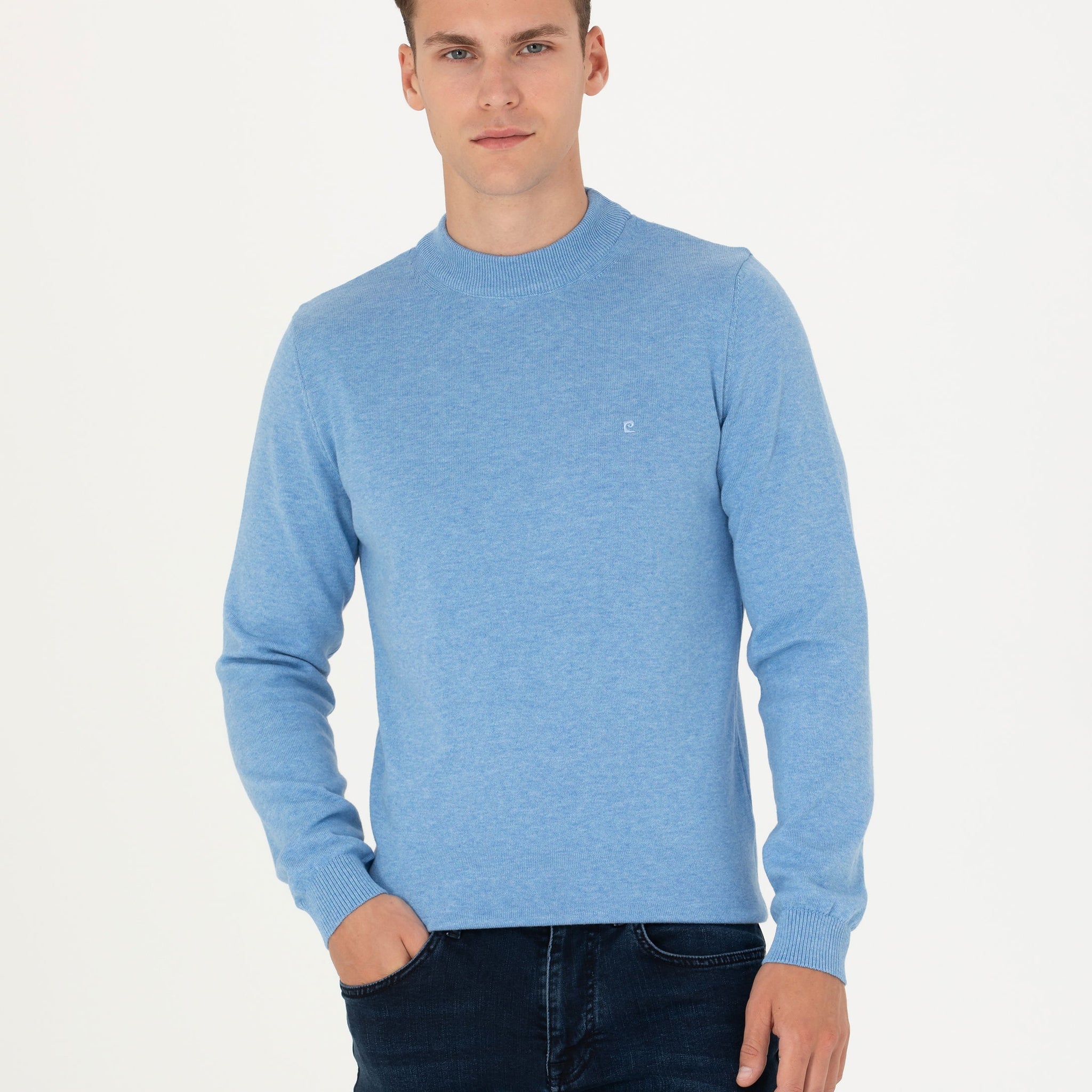 Blue Melange Slim Fit Quarter Neck Basic Knitwear Sweater