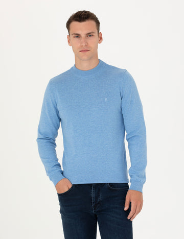 Blue Melange Slim Fit Quarter Neck Basic Knitwear Sweater