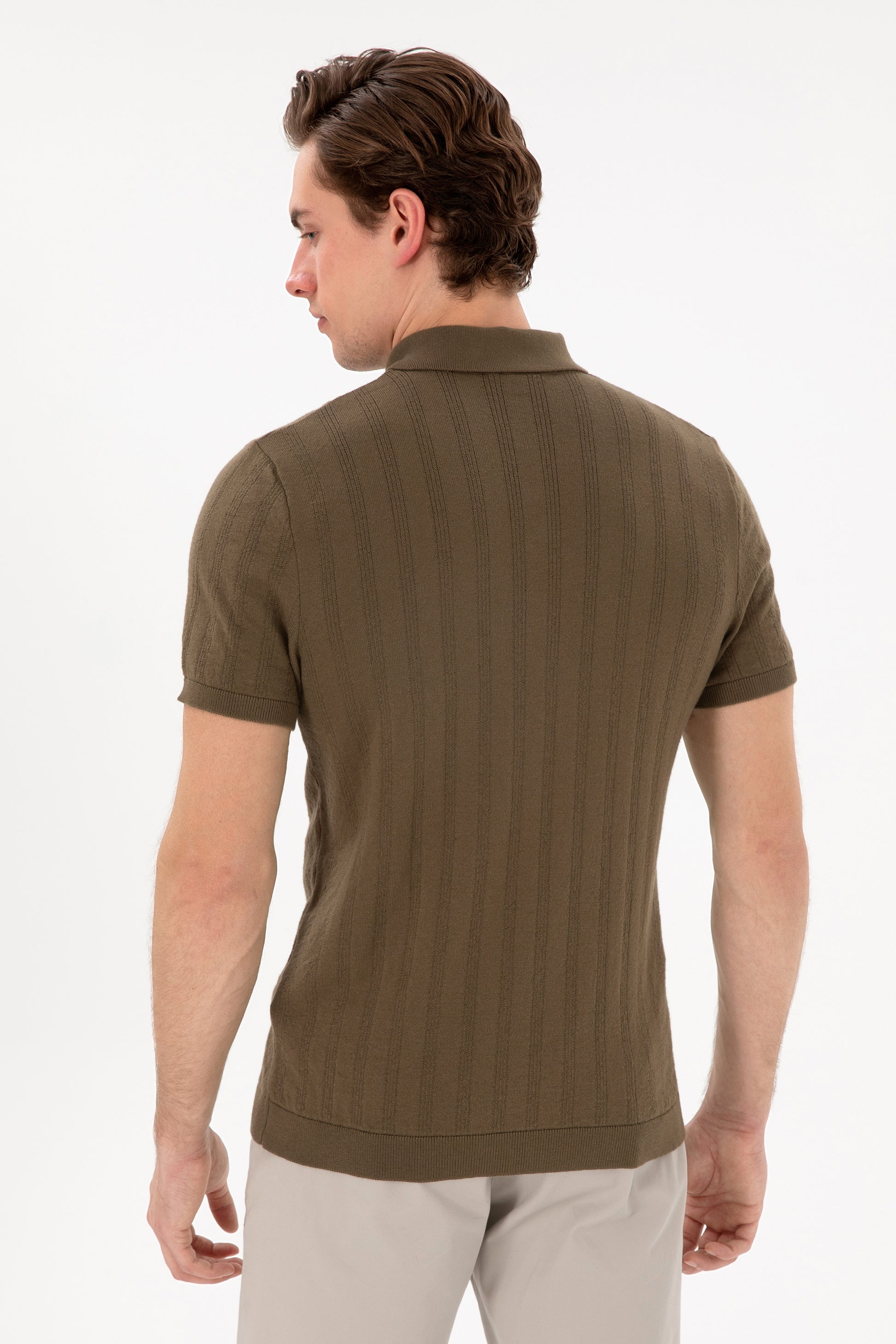 Men's Slim Fit Polo Neck Khaki Sweater T-Shirt
