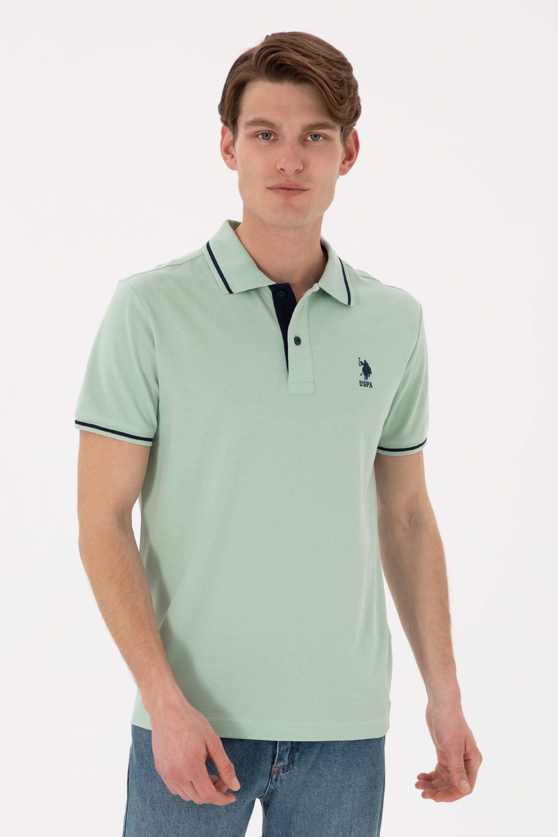 Men's Slim Fit Polo Neck Water Green Basic T-Shirt