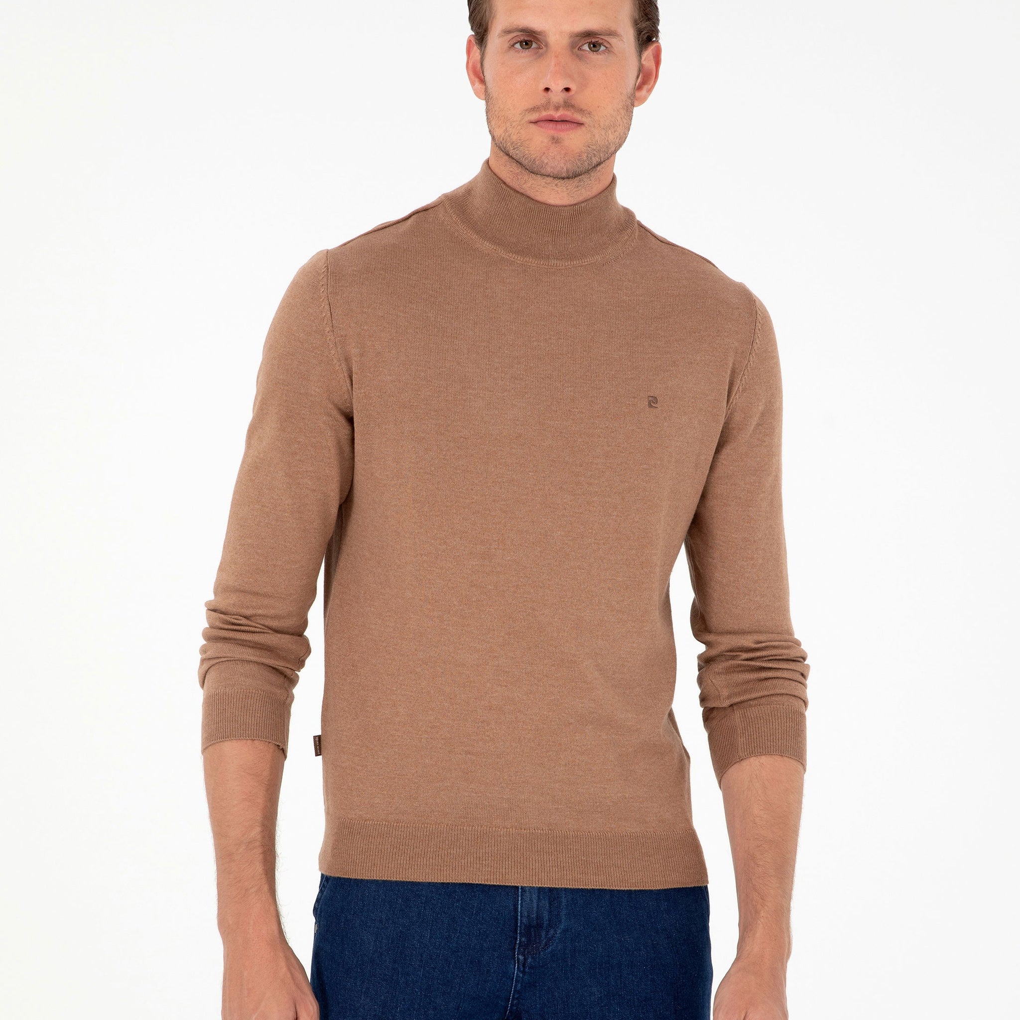 Camel Melange Slim Fit Half Turtleneck Basic Sweater