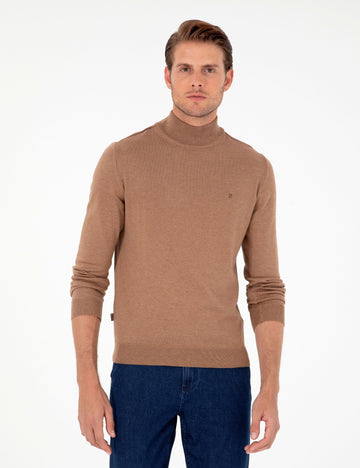 Camel Melange Slim Fit Half Turtleneck Basic Sweater