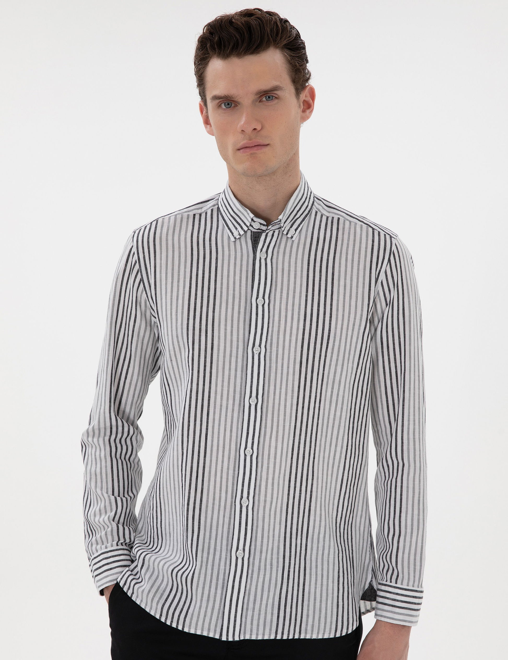 Black Regular Fit Striped Long Sleeve Shirt