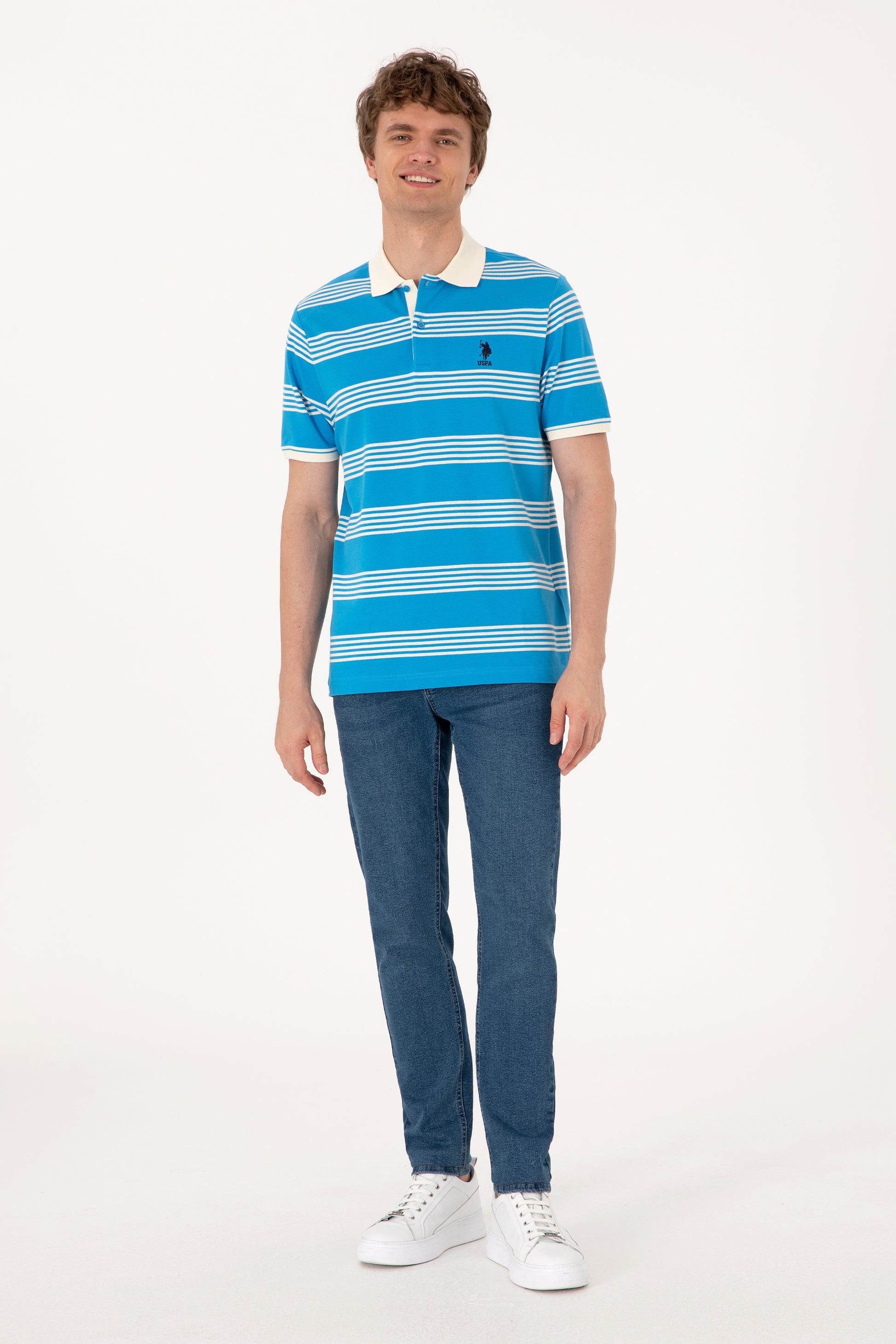 Men's Regular Fit Polo Neck Turquoise Striped T-Shirt