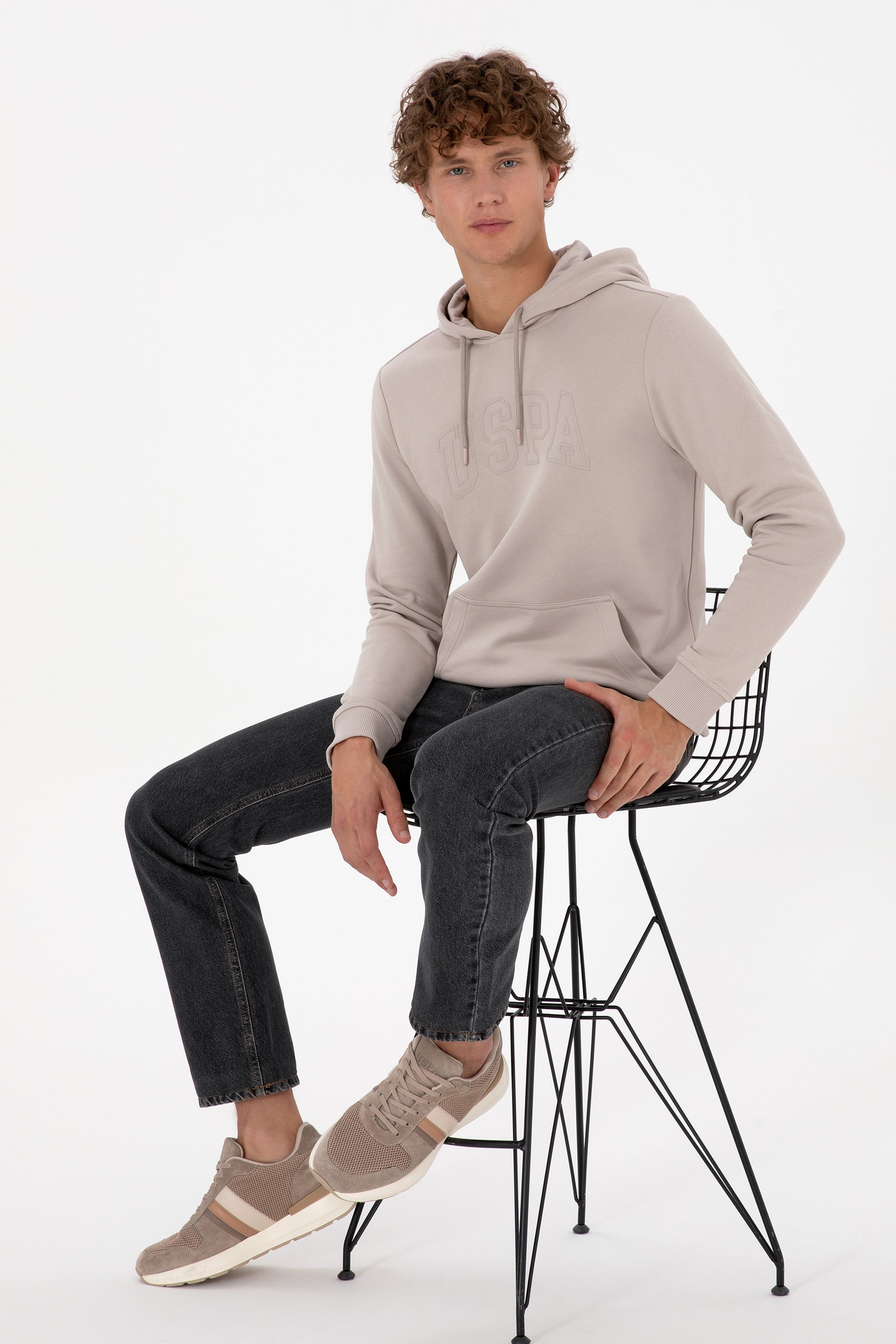 Erkek Regular Fit Kapüşonlu Taş Basic Sweatshirt