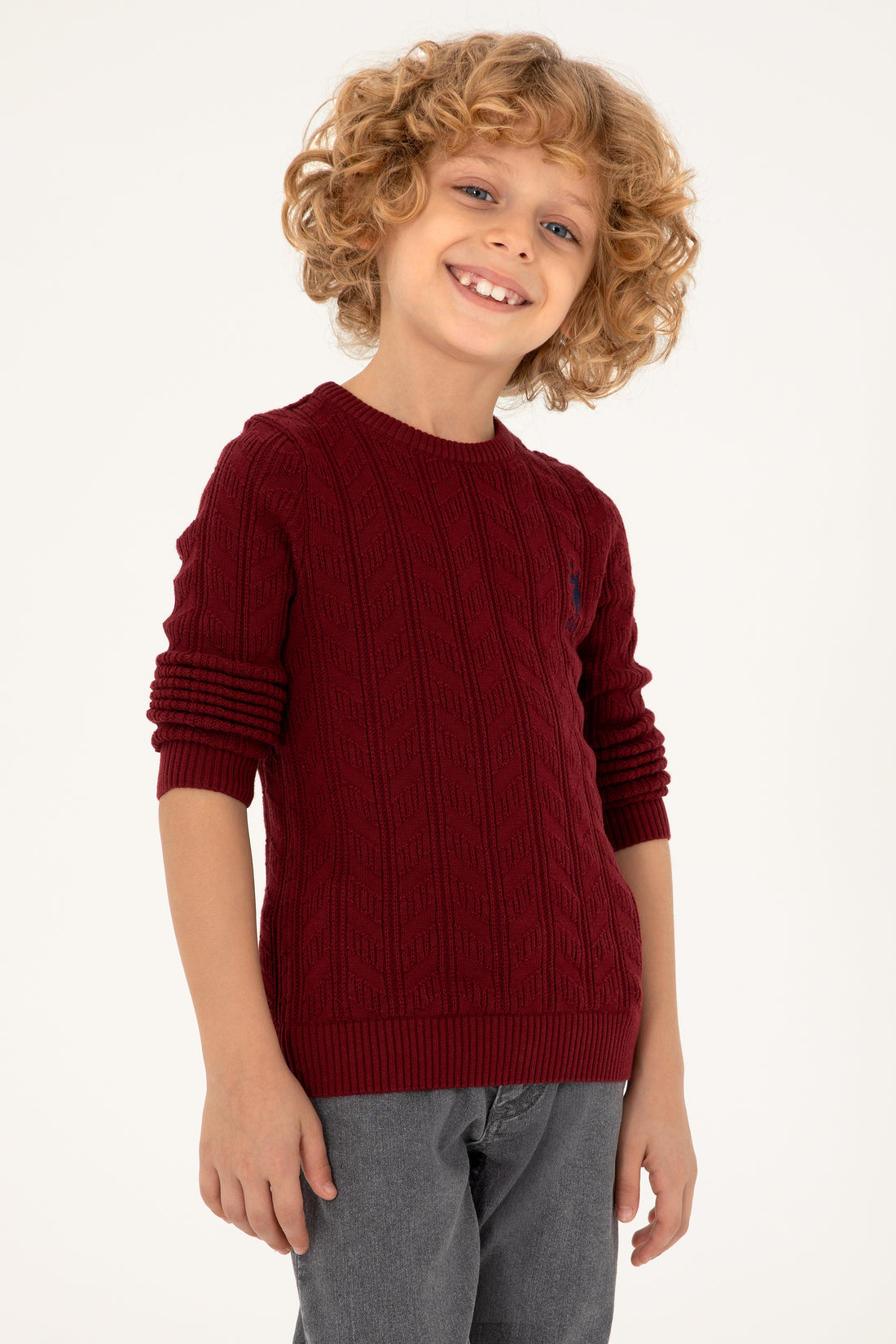 Boys' Burgundy Basic Crew Neck Sweater