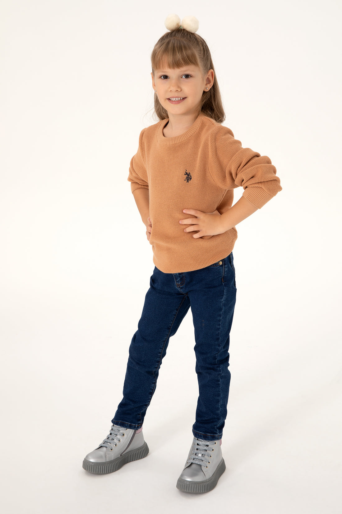 Girls' Camel Crew Neck Basic Sweater