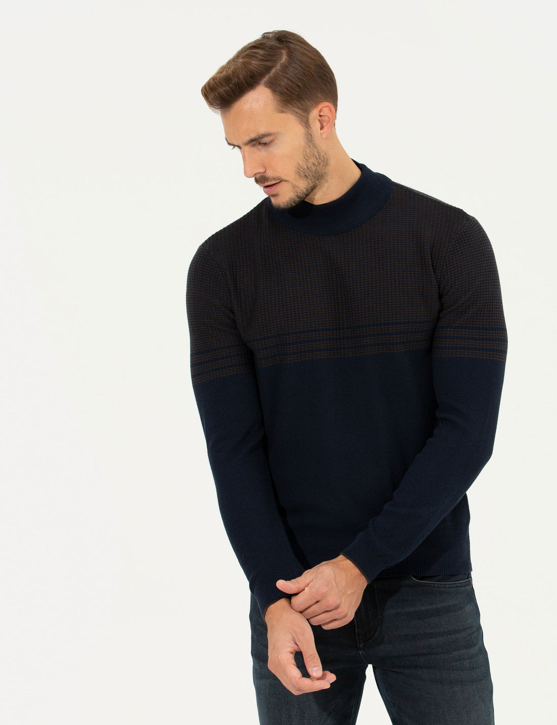 Navy Blue Slim Fit Half Turtleneck Sweater