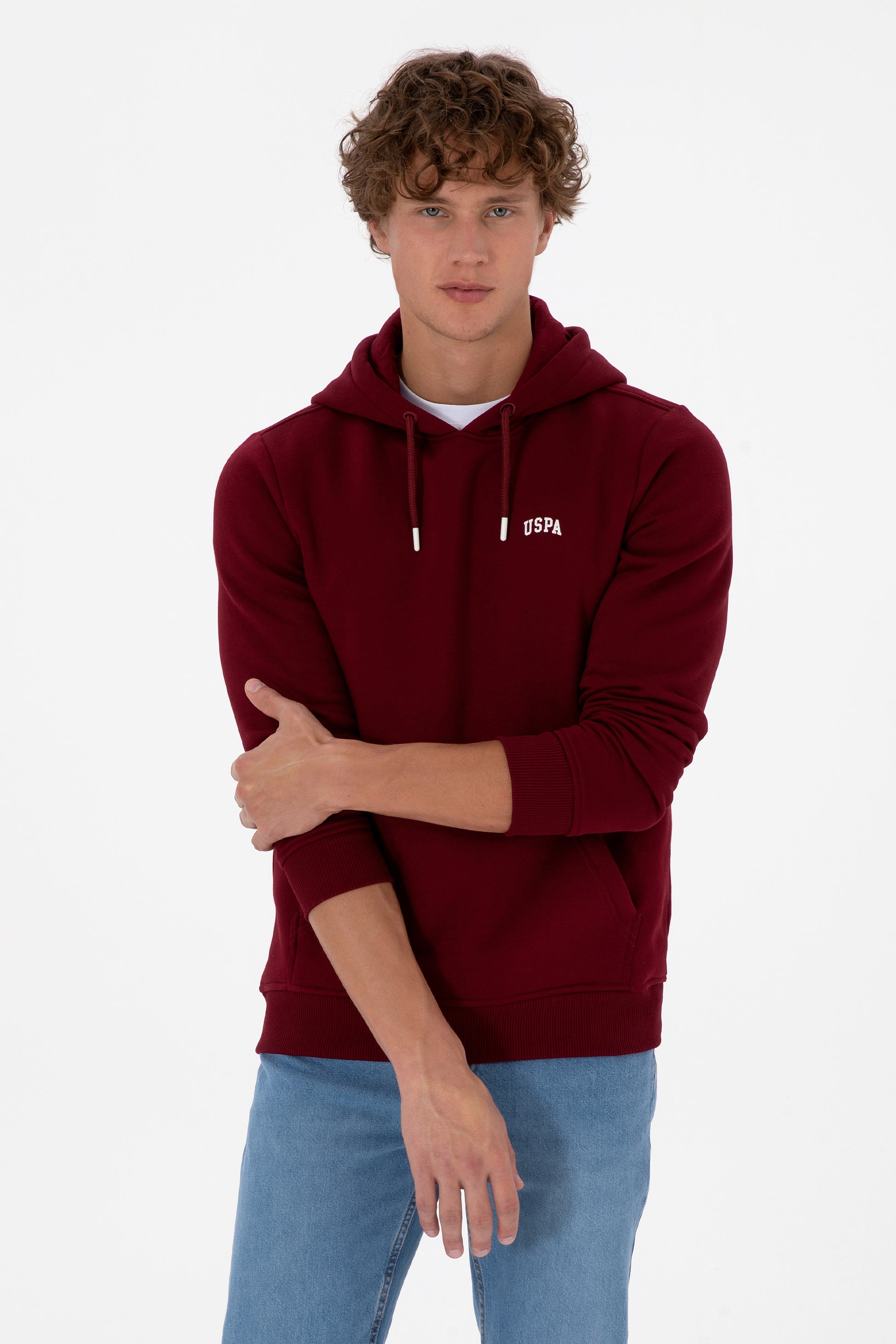 Erkek Regular Fit Kapüşonlu Bordo Basic Sweatshirt
