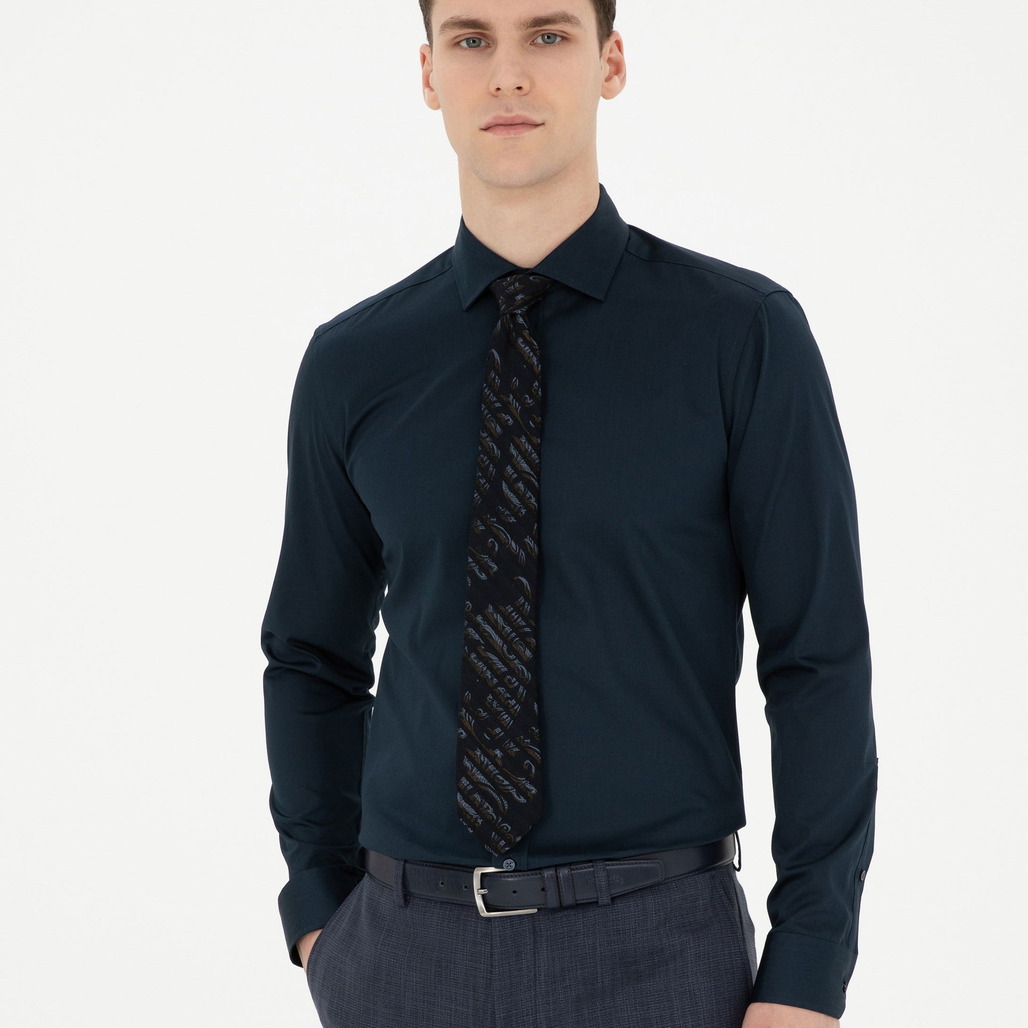 Navy Blue Ex. Slim Fit Long Sleeve Basic Shirt