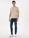 Beige Linen Blended Regular Fit Crew Neck Sweater T-Shirt