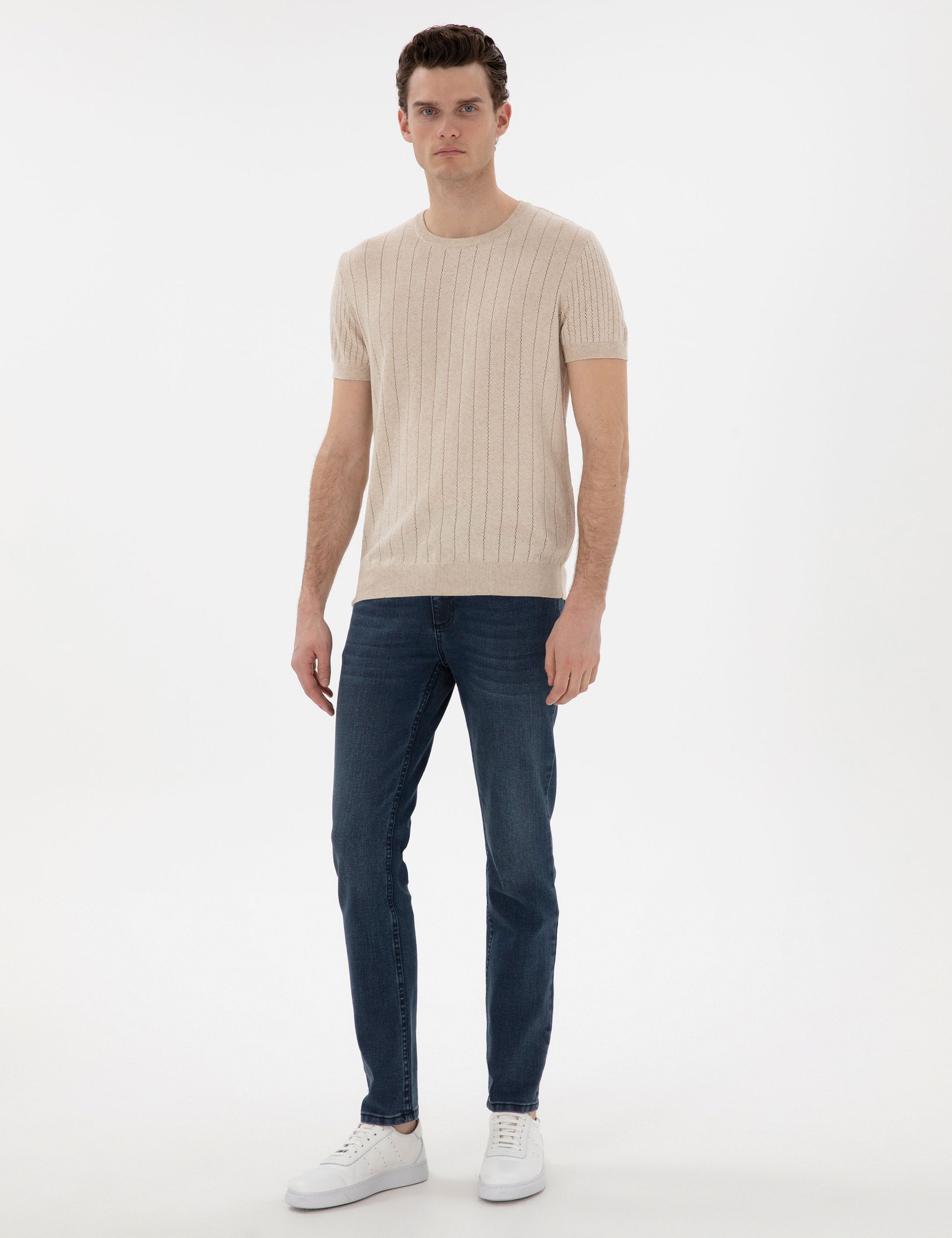 Beige Linen Blended Regular Fit Crew Neck Sweater T-Shirt