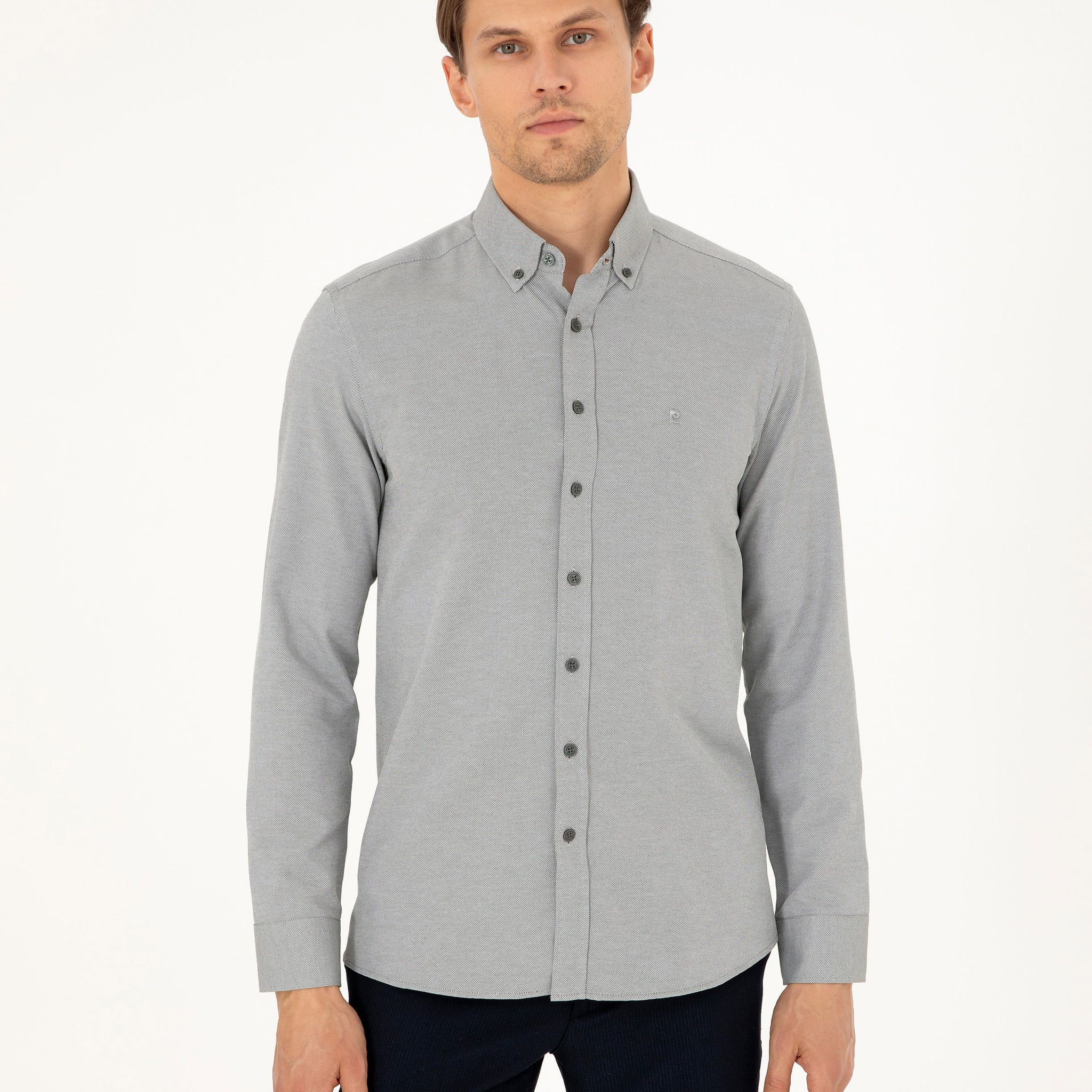 Khaki Oxford Slim Fit Long Sleeve Shirt