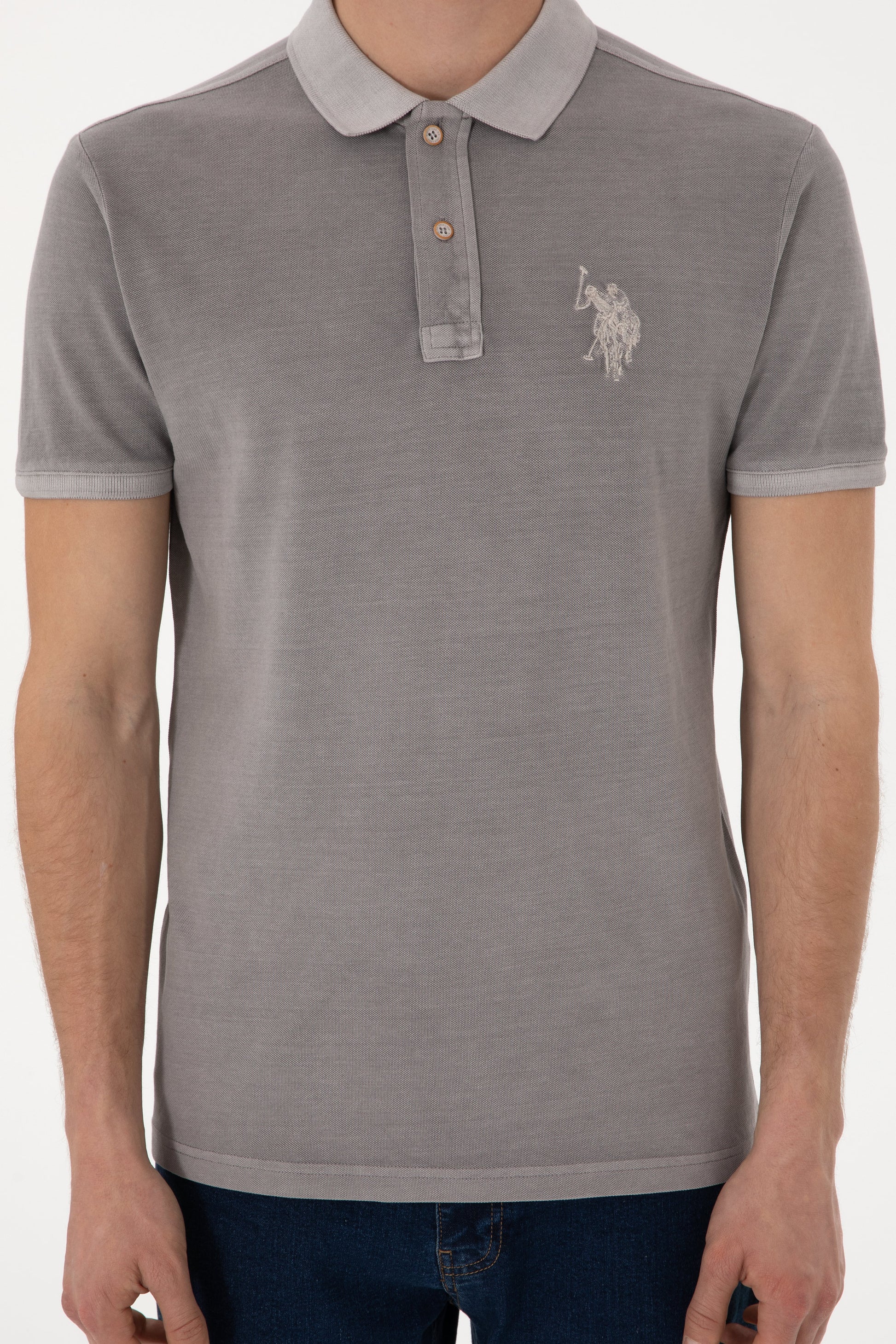 Men's Slim Fit Polo Neck Dark Grey Wash Basic T-Shirt