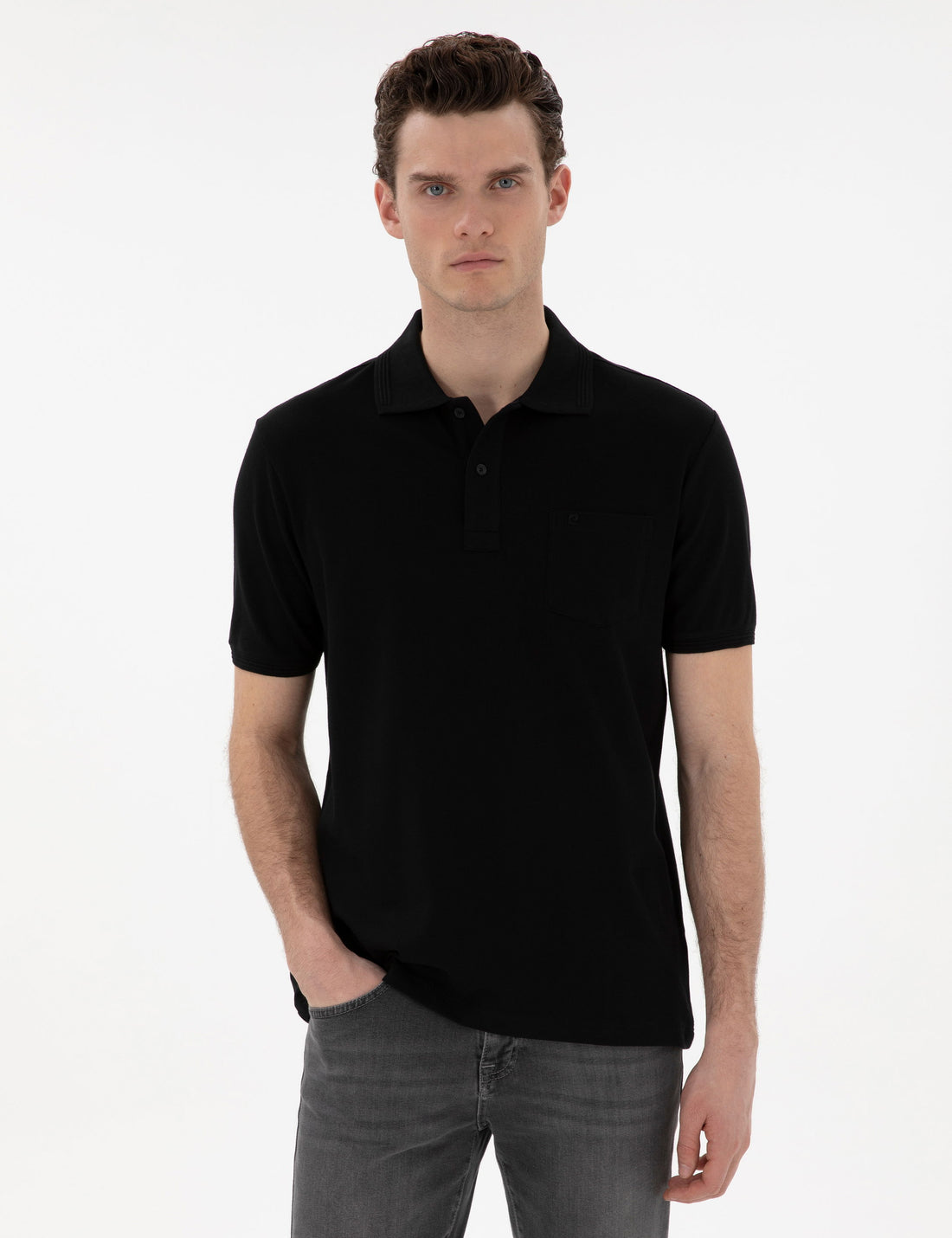 Black Regular Fit Crewless Polo Neck Basic T-Shirt