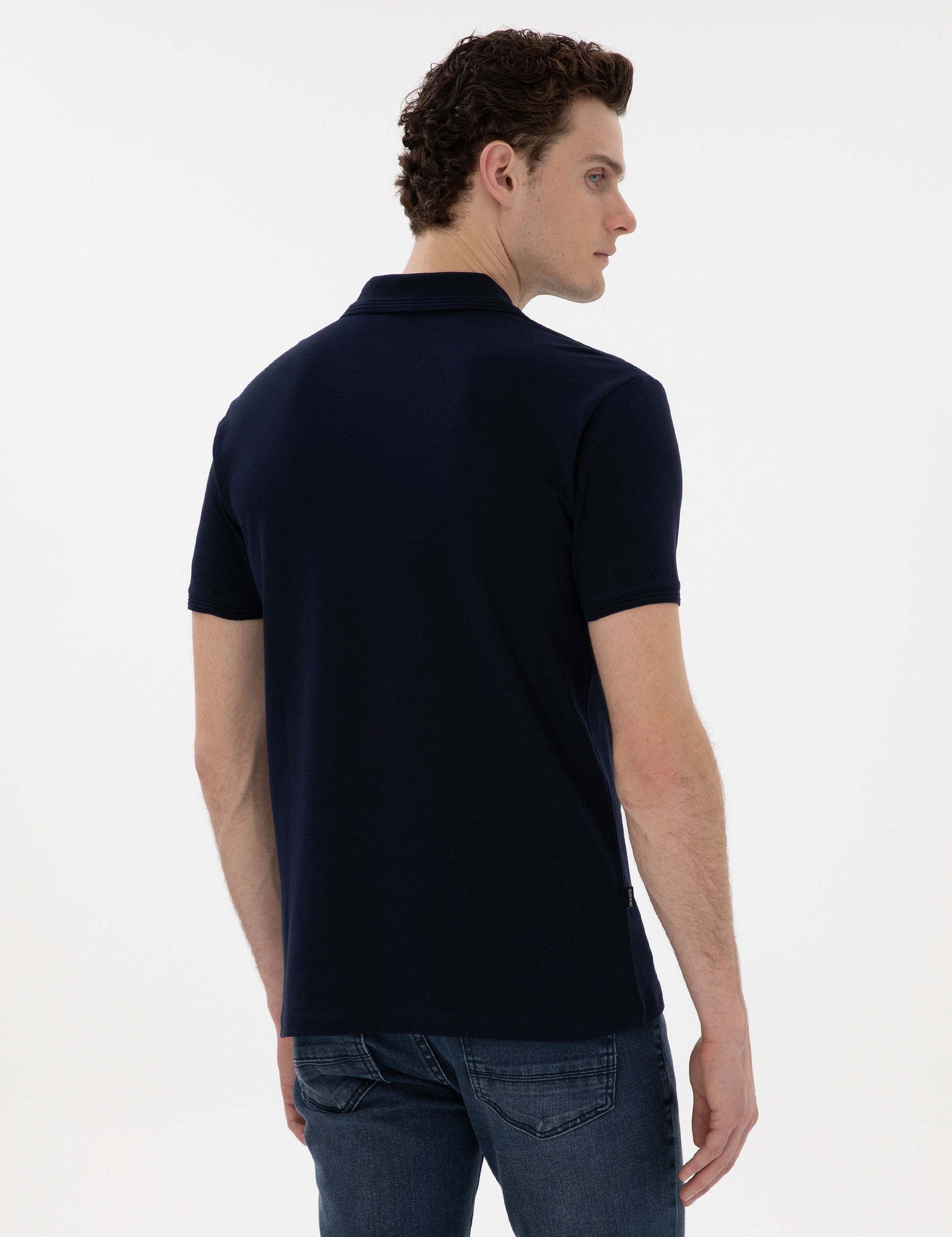 Navy Blue Slim Fit No-Fold Polo Neck Basic T-Shirt