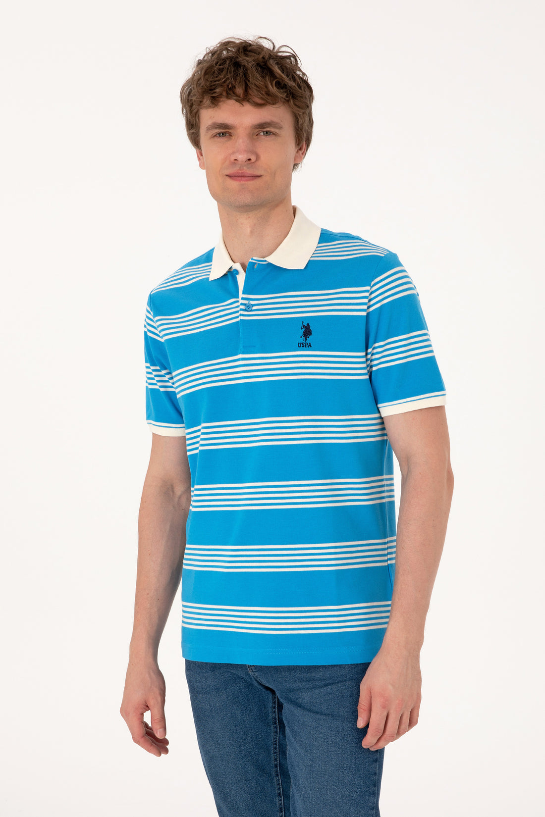 Men's Regular Fit Polo Neck Turquoise Striped T-Shirt