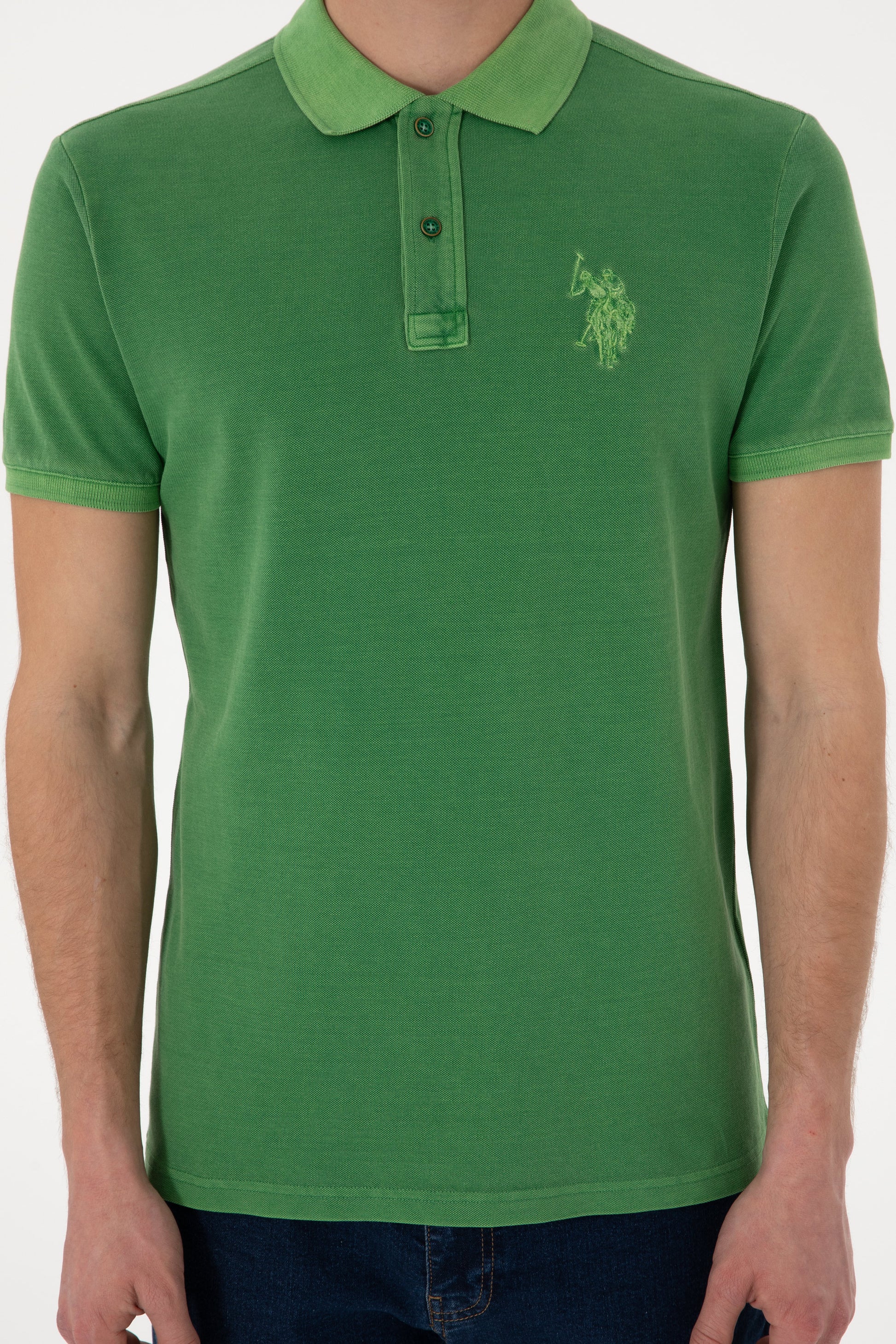 Men's Slim Fit Polo Neck Green Wash Basic T-Shirt