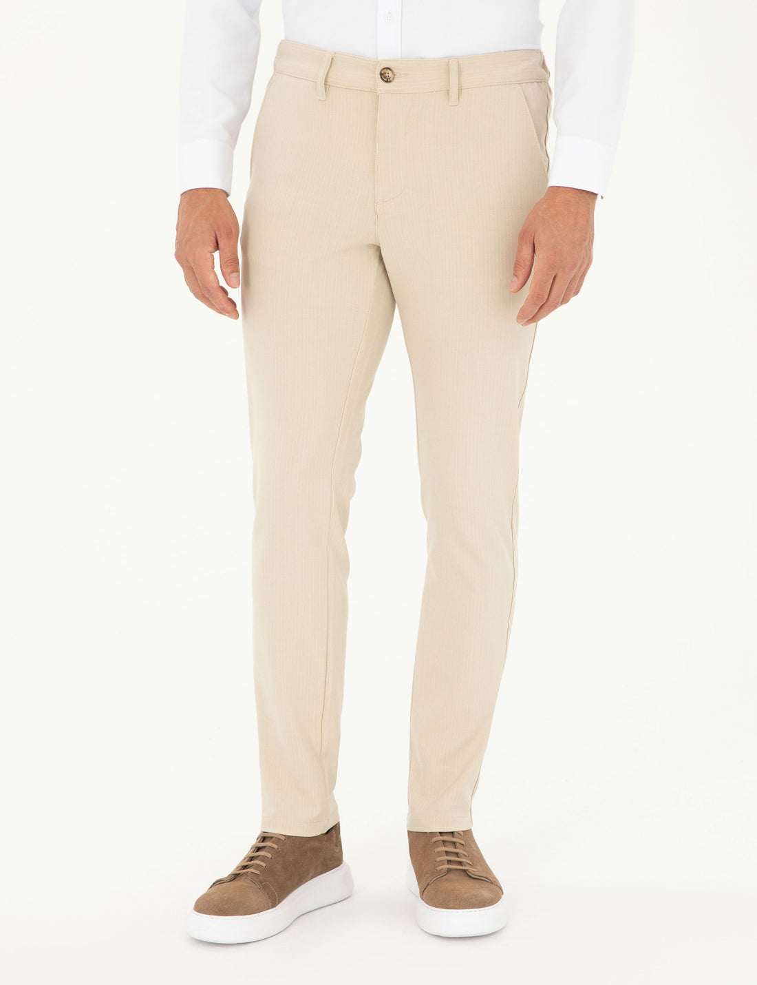 Beige Slim Fit Canvas Striped Pants