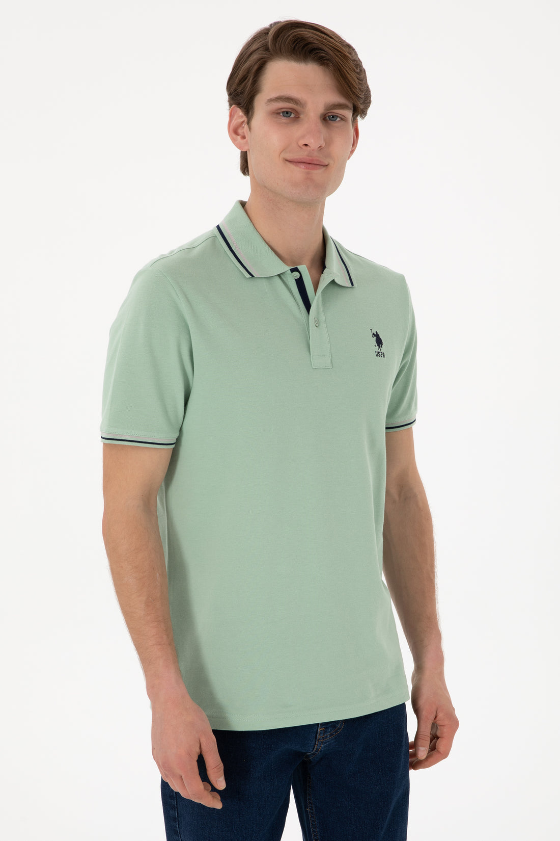 Men's Regular Fit Polo Neck Water Green Basic T-Shirt