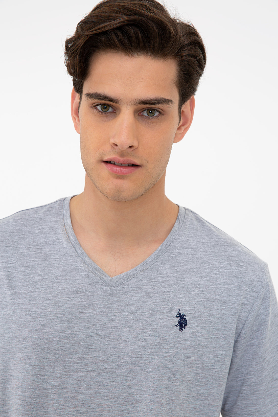 Men's Grey Melange Basic V Neck T-Shirt