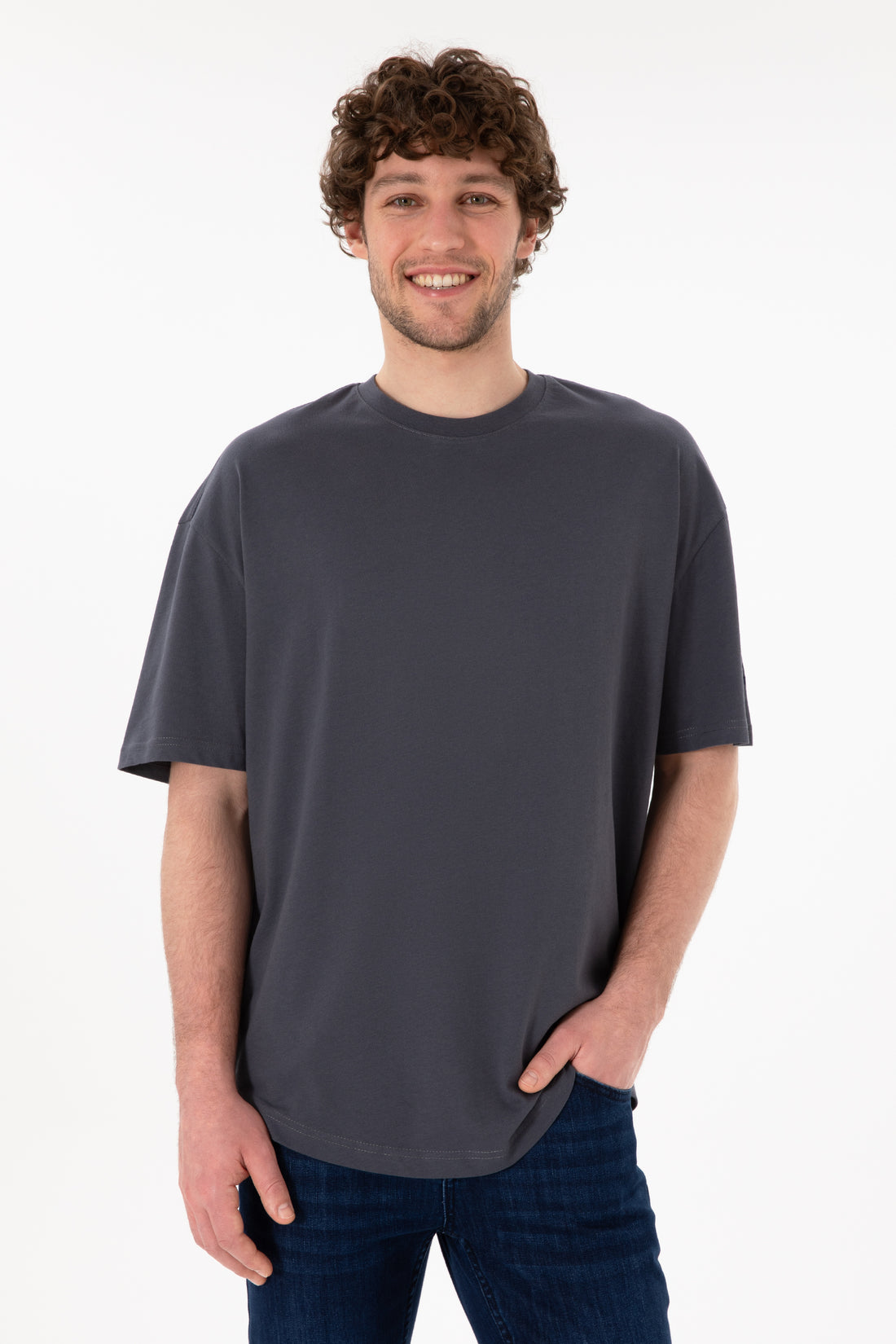 Men's Long Fit Crew Neck Anthracite Basic T-Shirt