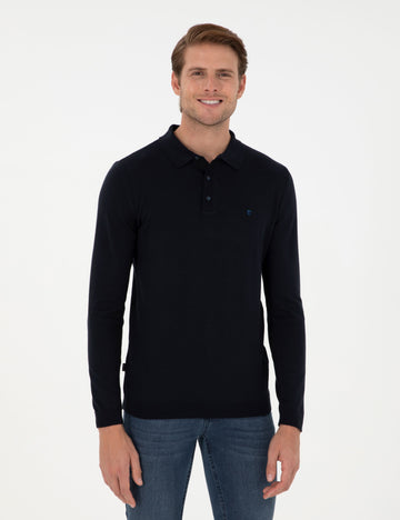 Navy Blue Slim Fit Polo Neck Basic Knitwear Sweater