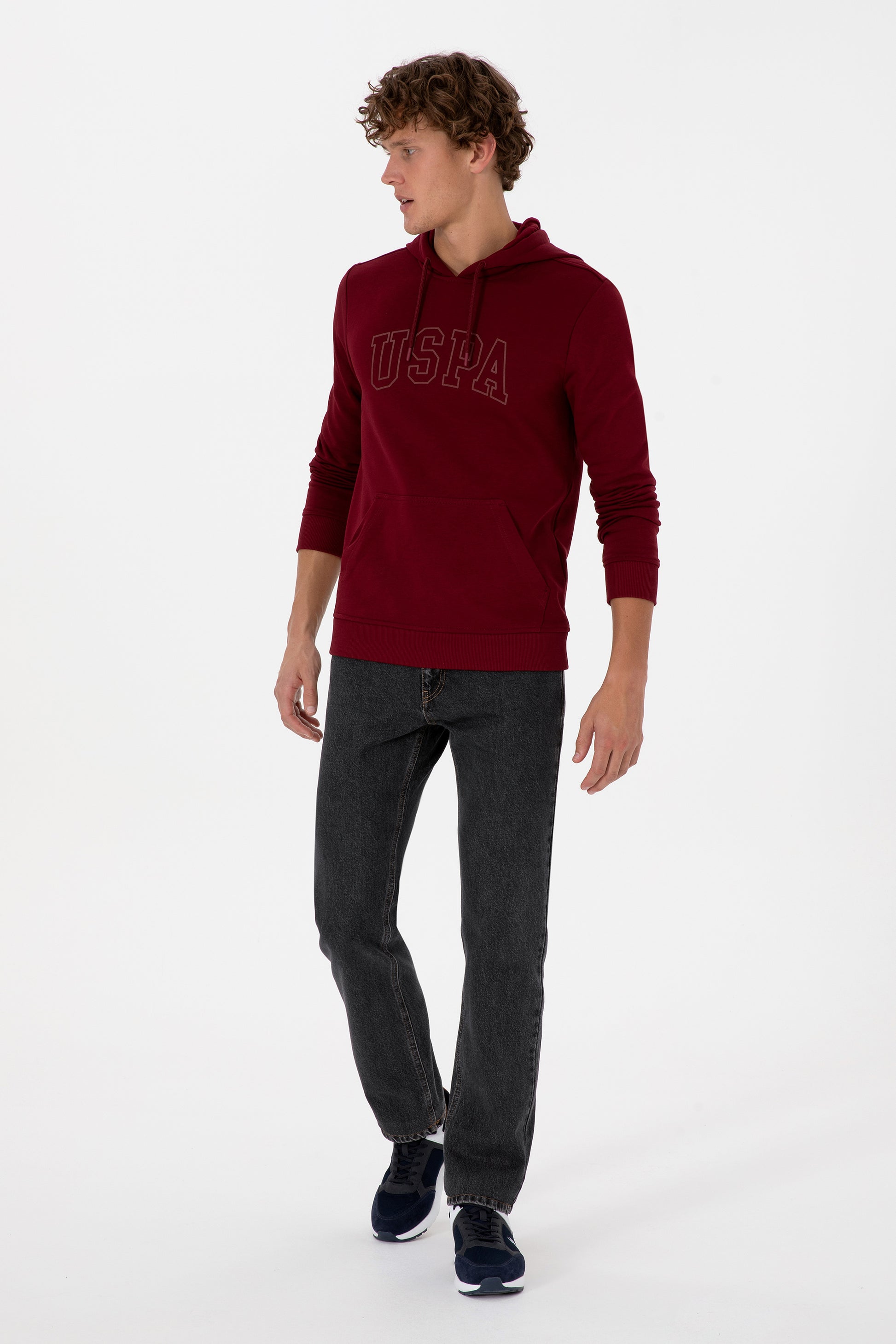 Erkek Regular Fit Kapüşonlu Bordo Basic Sweatshirt