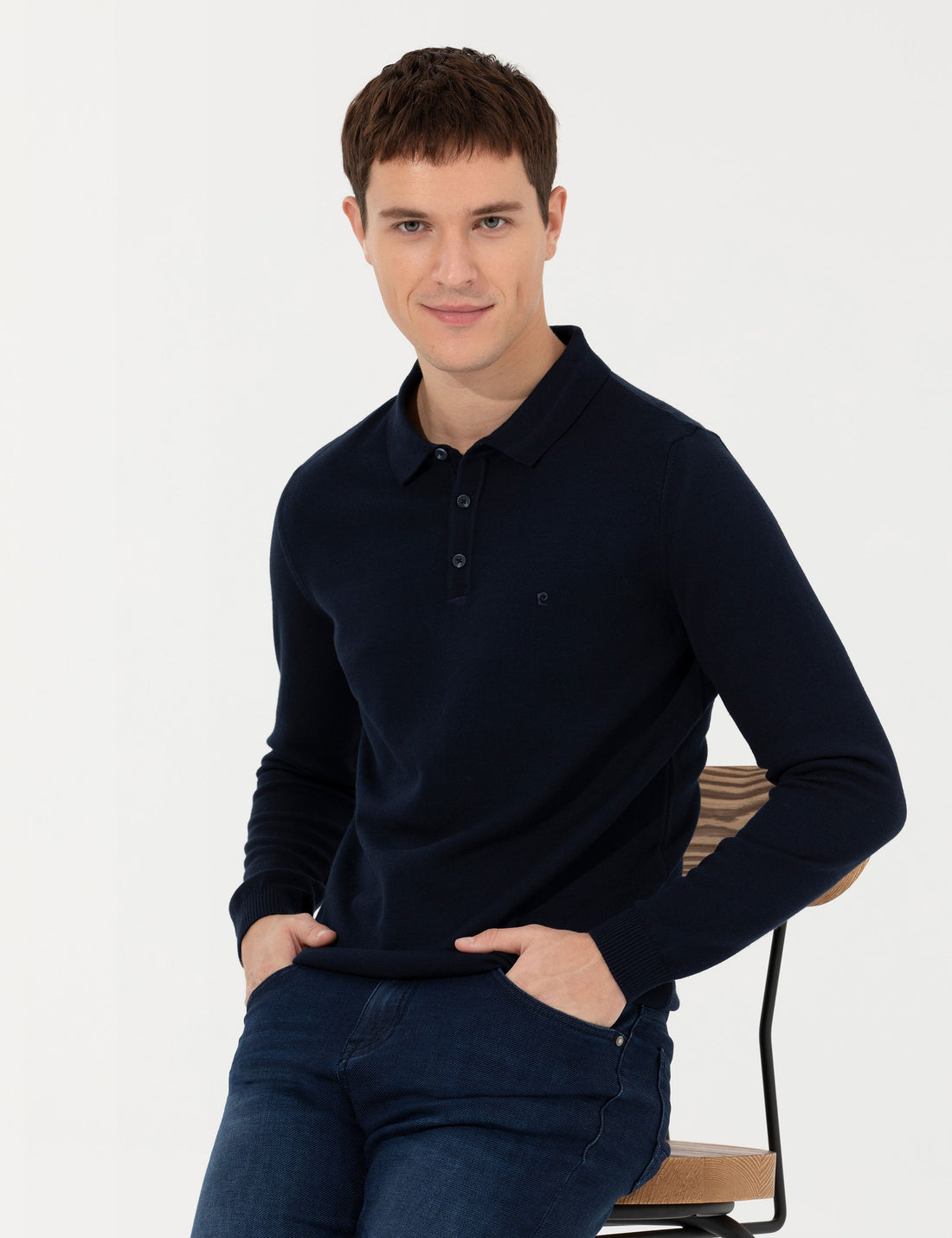 Navy Blue Slim Fit Polo Neck Basic Knitwear Sweater