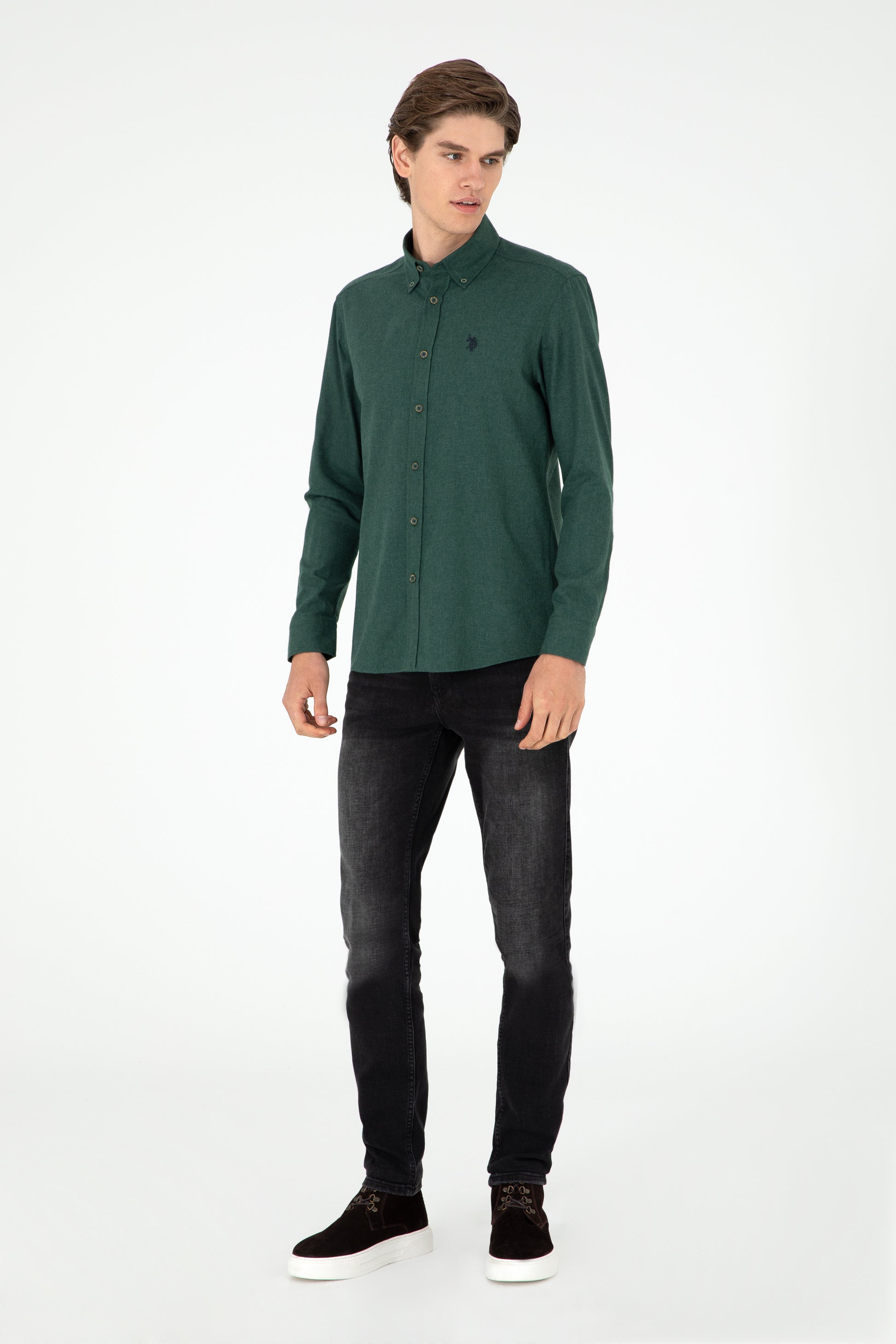 Men's Dark Green Long Sleeve Basic Shirt