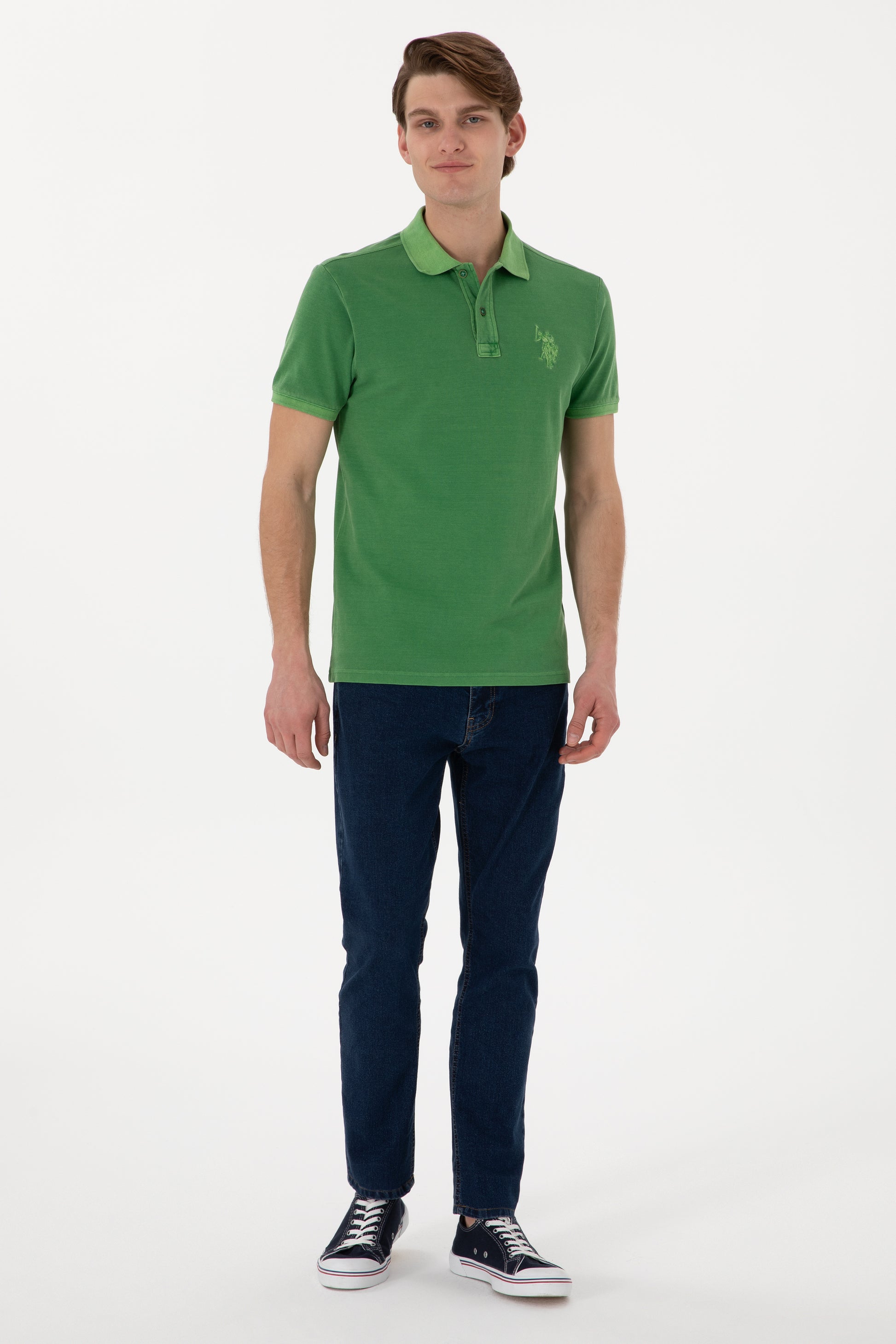 Men's Slim Fit Polo Neck Green Wash Basic T-Shirt